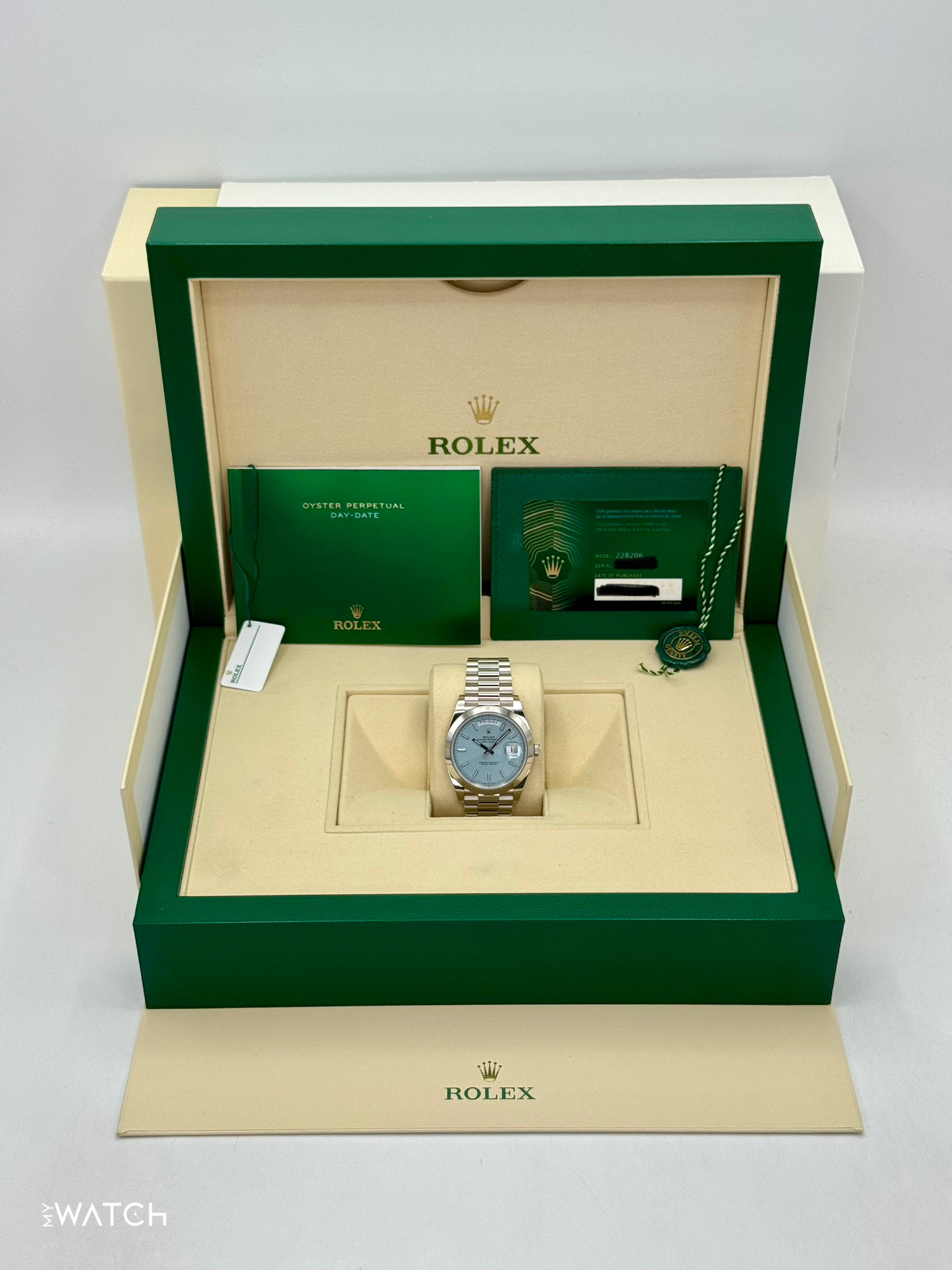 2024 Rolex Day-Date 40mm 228206 Platinum Blue Motif Dial - MyWatchLLC