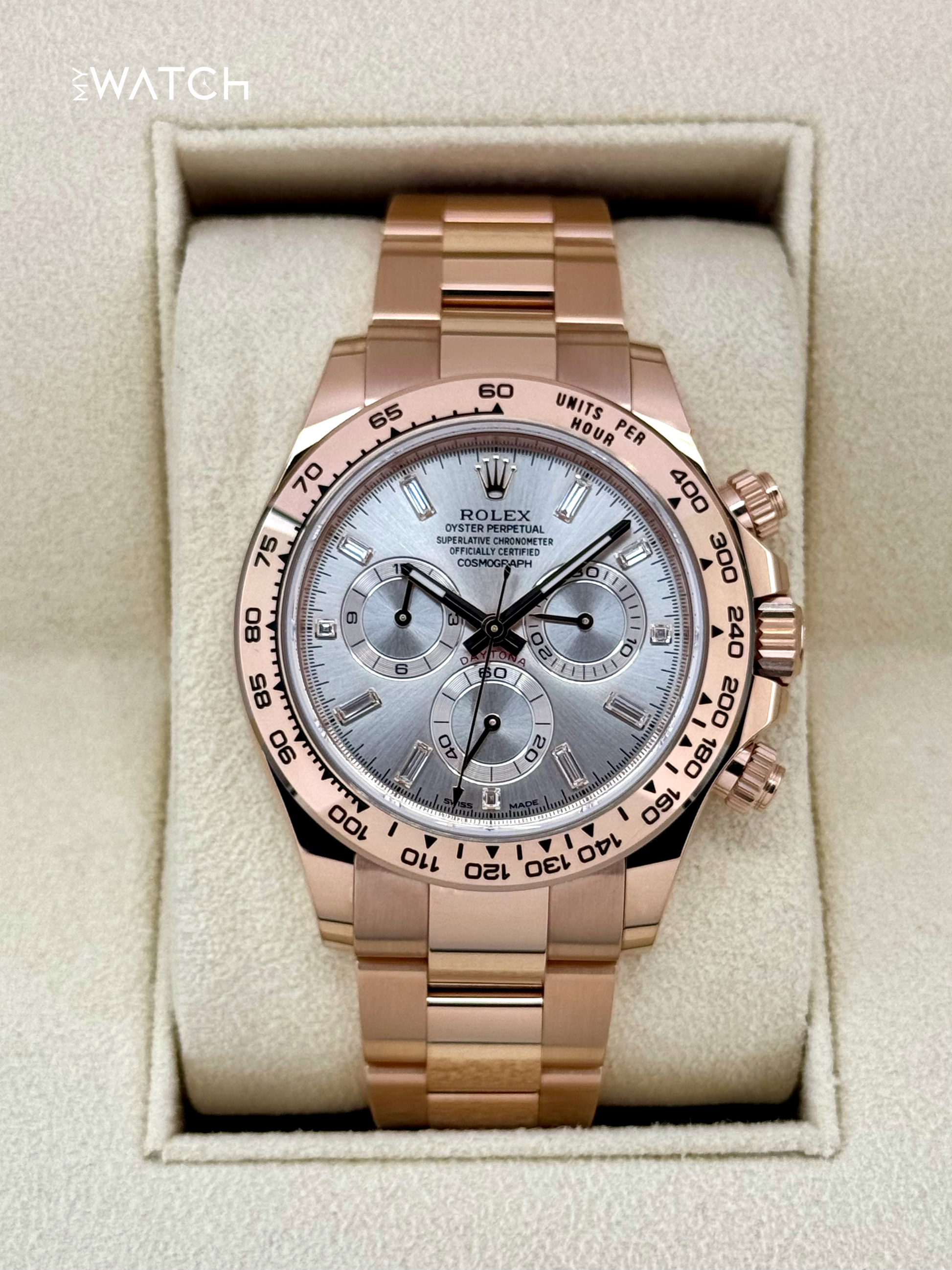2022 Rolex Daytona 40mm 116505 Rose Gold Sundust Diamond Baguette Dial - MyWatchLLC