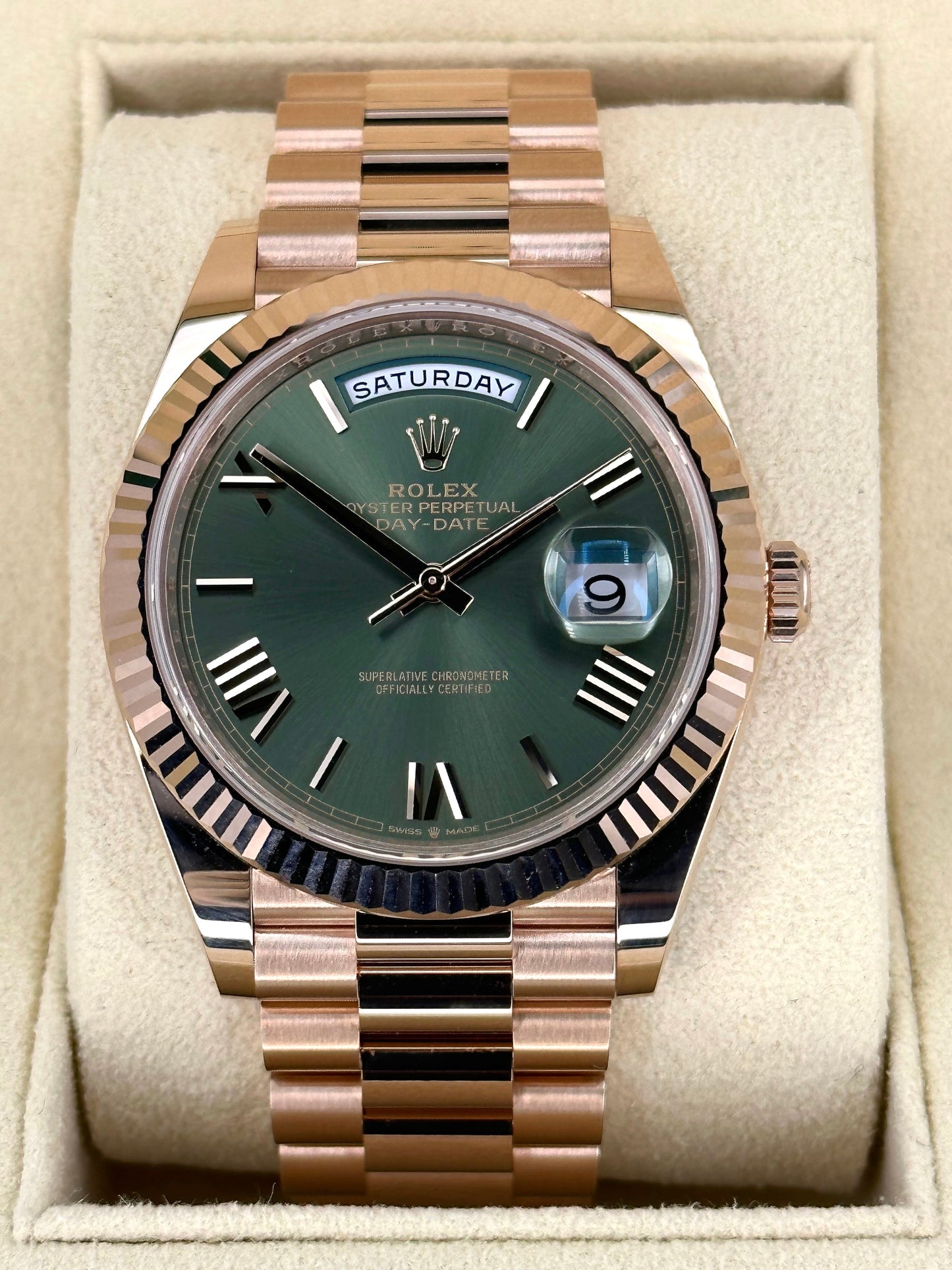 NEW 2024 Rolex Day-Date 40mm 228235 Presidential Rose Gold Olive Dial - MyWatchLLC