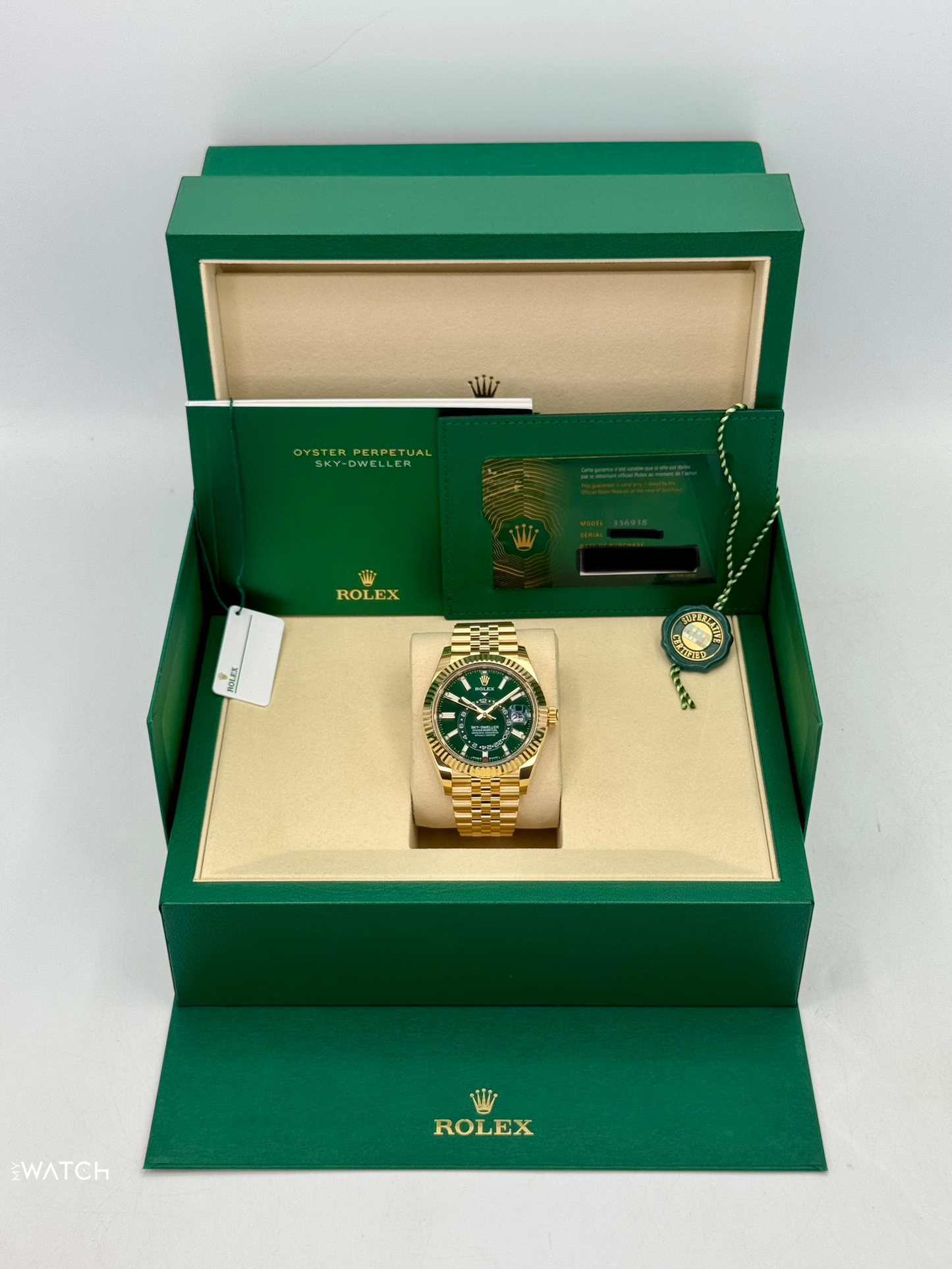 2025 Rolex Sky-Dweller 42mm 336938 Yellow Gold Jubilee Green Dial