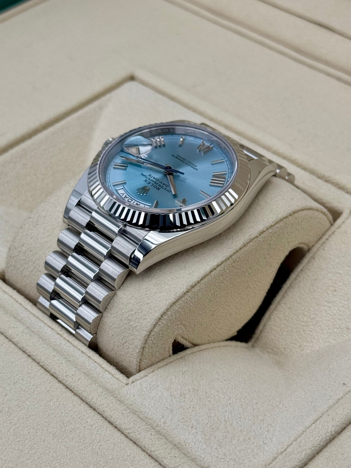 NEW 2024 Rolex Day-Date Platinum 40mm 228236 Ice-Blue Roman Dial - MyWatchLLC