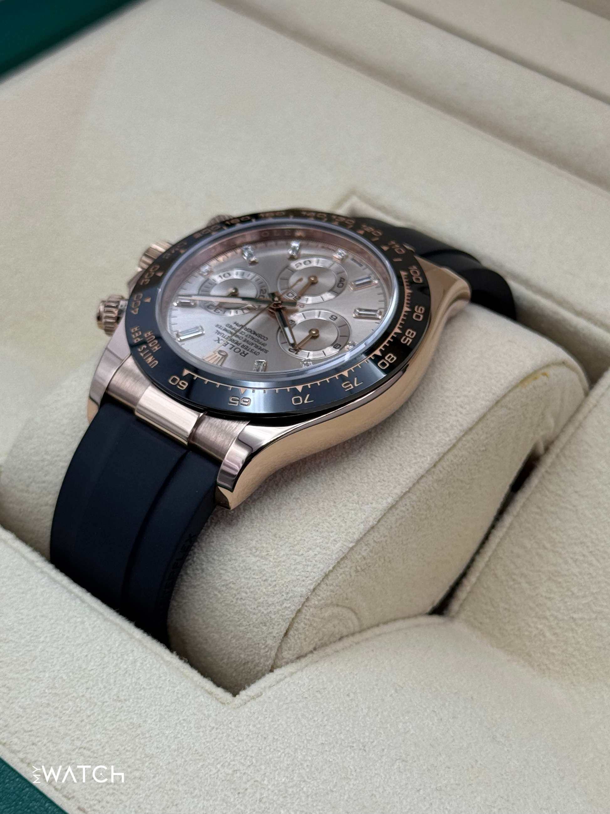 2022 Rolex Daytona 40mm 116515LN Rose Gold Oysterflex Sundust Baguette Dial - MyWatchLLC