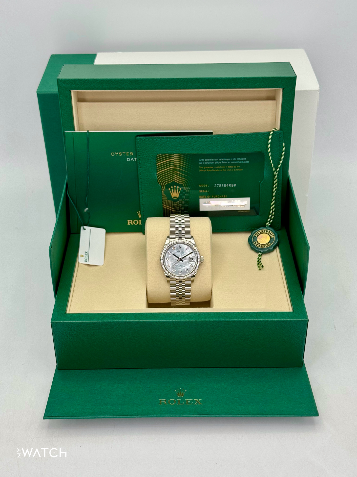 NEW 2025 Rolex Lady Datejust 28mm 278384RBR Jubilee MOP Diamond Dial - MyWatchLLC