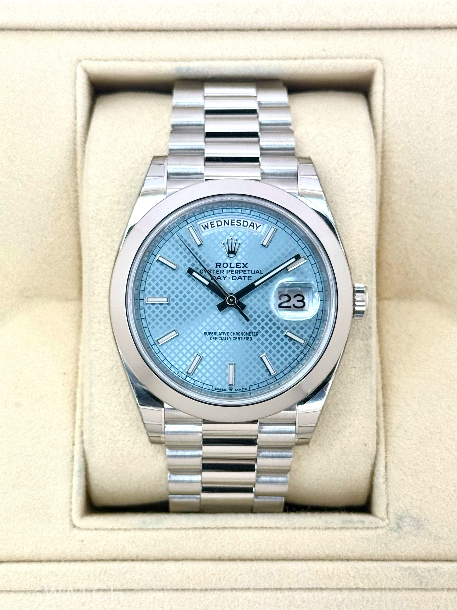 NEW 2024 Rolex Day-Date 40mm 228206 Platinum Blue Motif Dial - MyWatchLLC