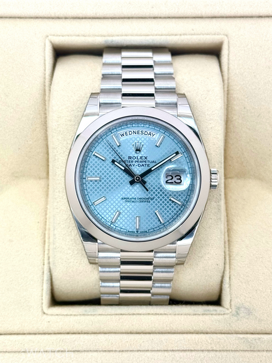 NEW 2024 Rolex Day-Date 40mm 228206 Platinum Blue Motif Dial - MyWatchLLC