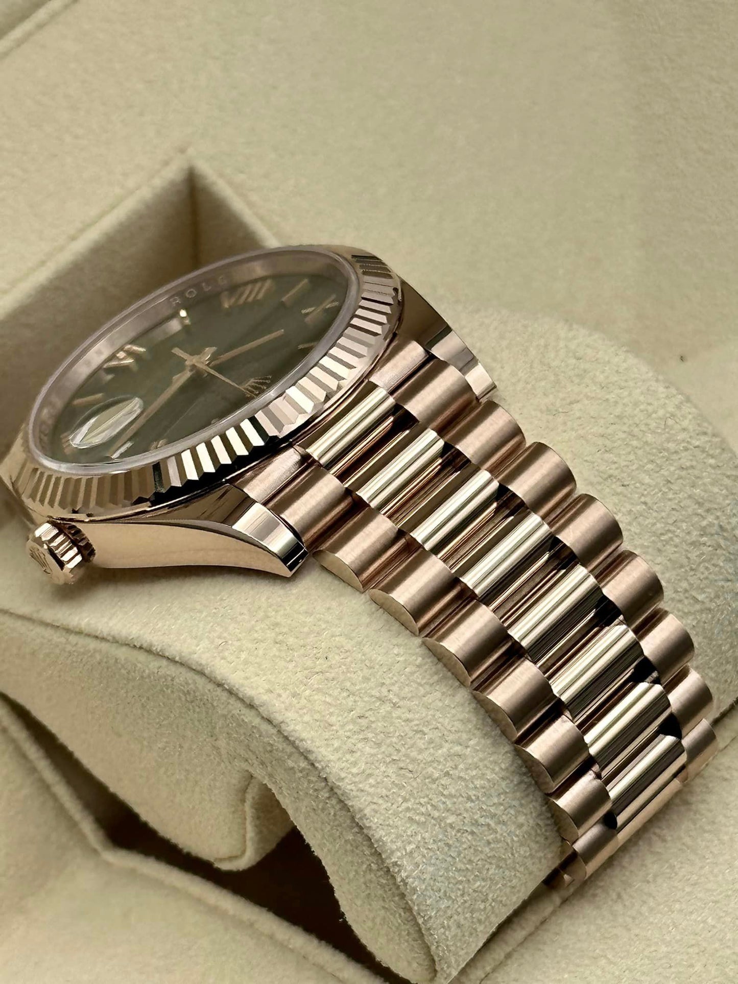 NEW 2022 Rolex Day-Date 40 228238 Rose Gold Olive Dial Arabic Calendar - MyWatchLLC