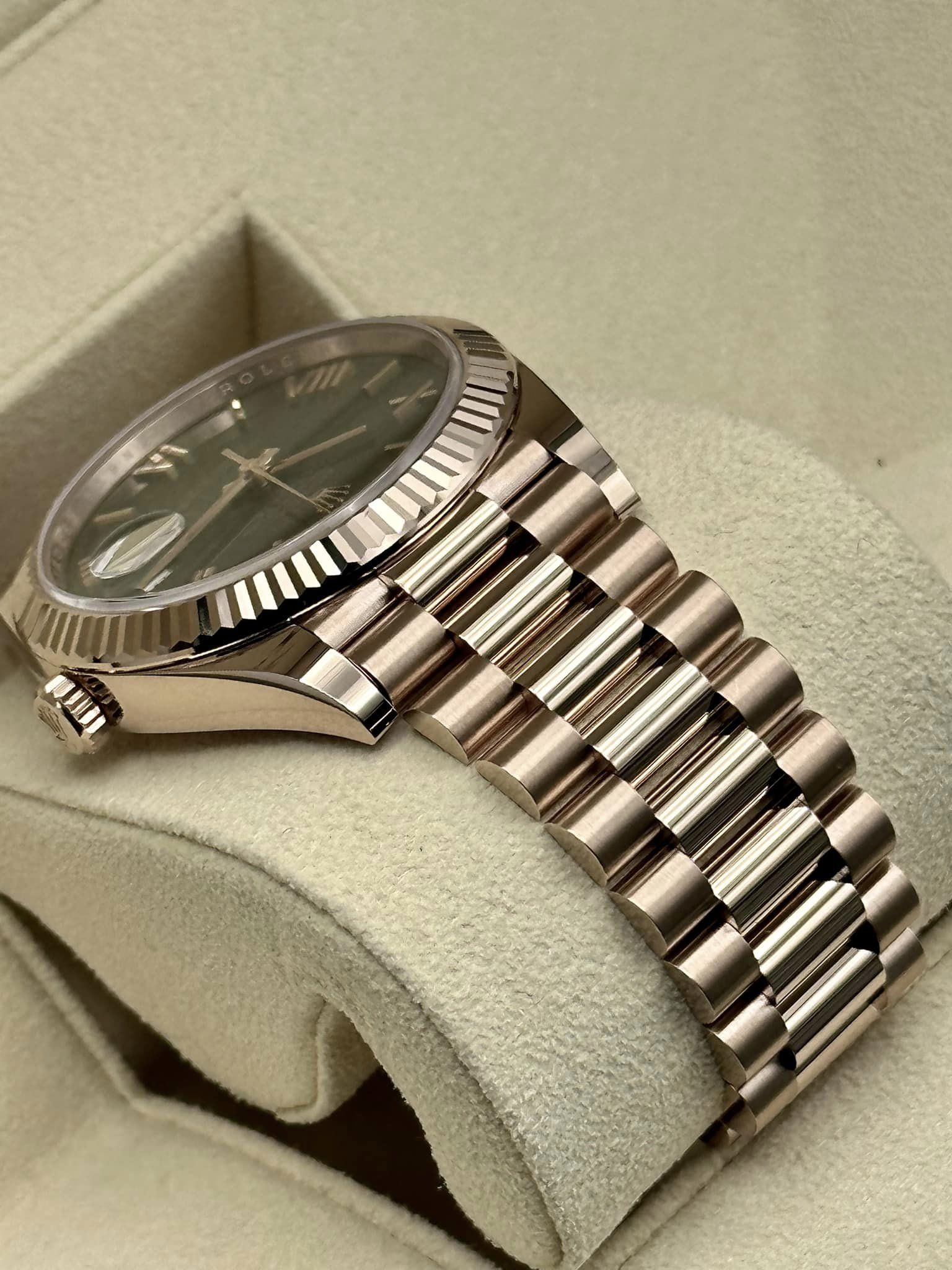 NEW 2022 Rolex Day-Date 40 228238 Rose Gold Olive Dial Arabic Calendar - MyWatchLLC