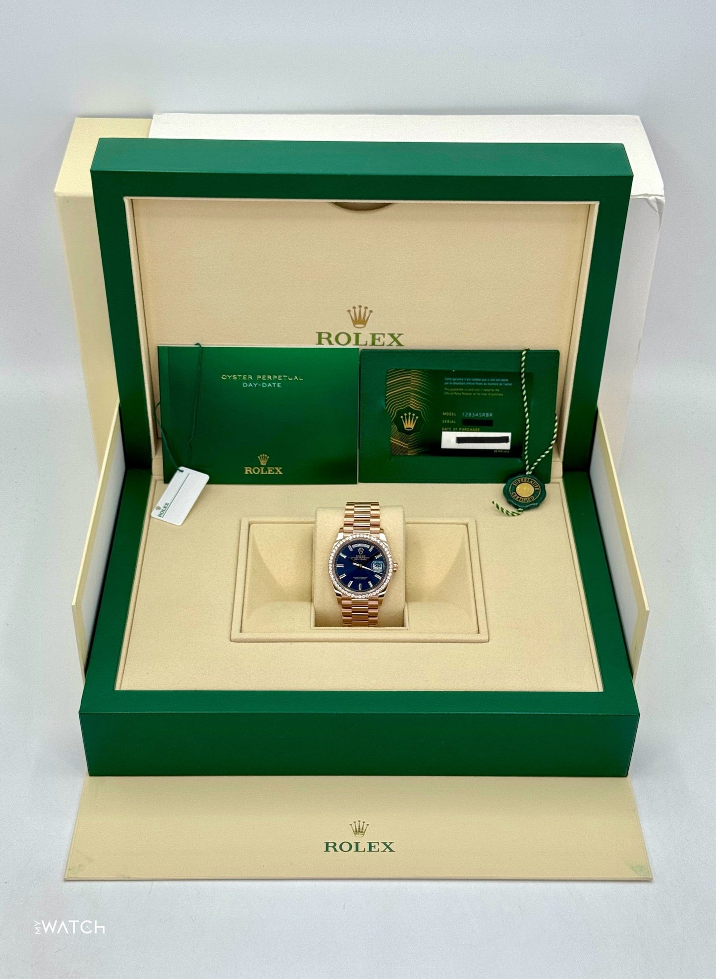 NEW 2025 Rolex Day-Date 36mm 128345RBR Rose Gold Blue Baguette Dial - MyWatchLLC