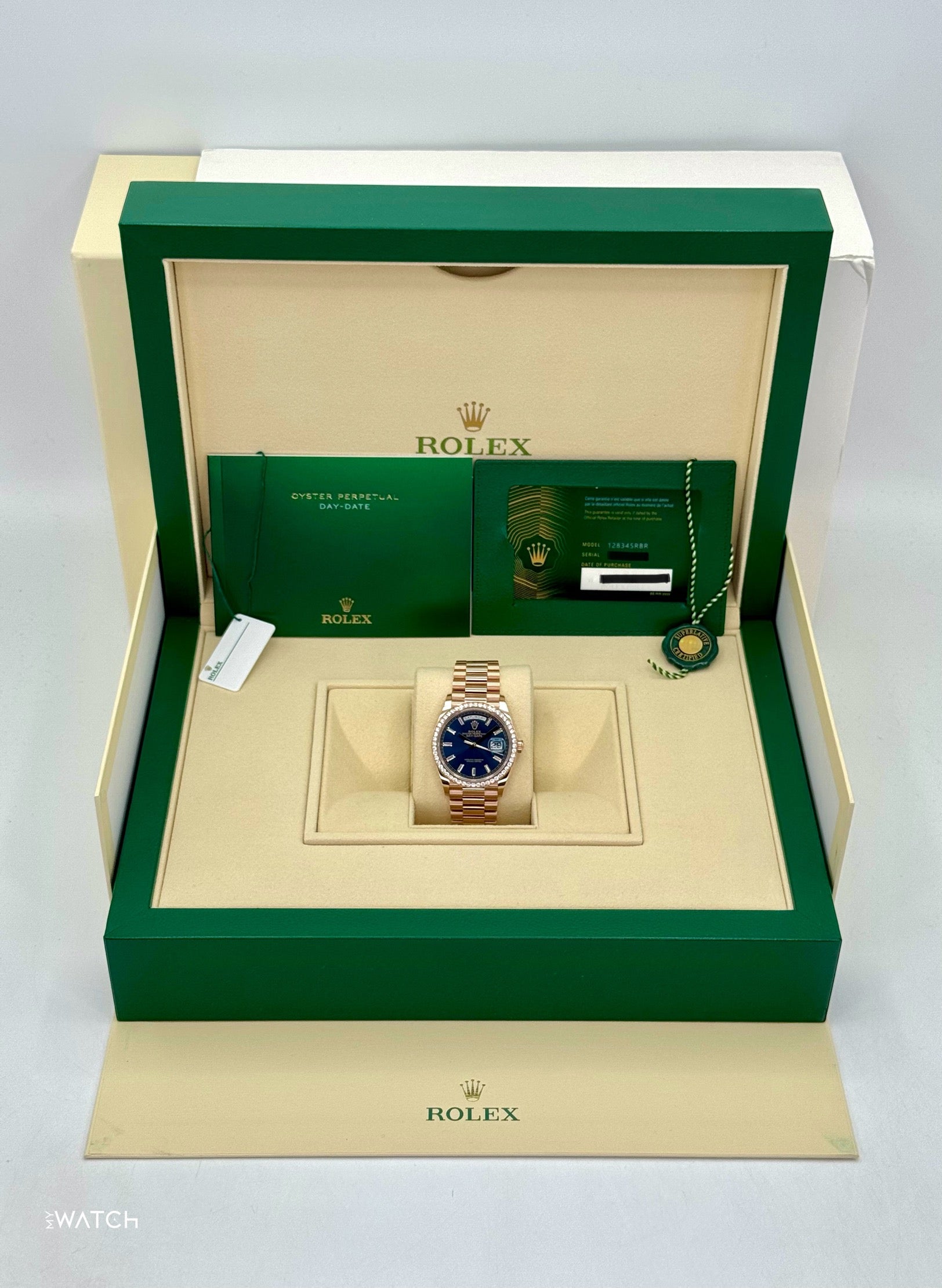 NEW 2025 Rolex Day-Date 36mm 128345RBR Rose Gold Blue Baguette Dial - MyWatchLLC