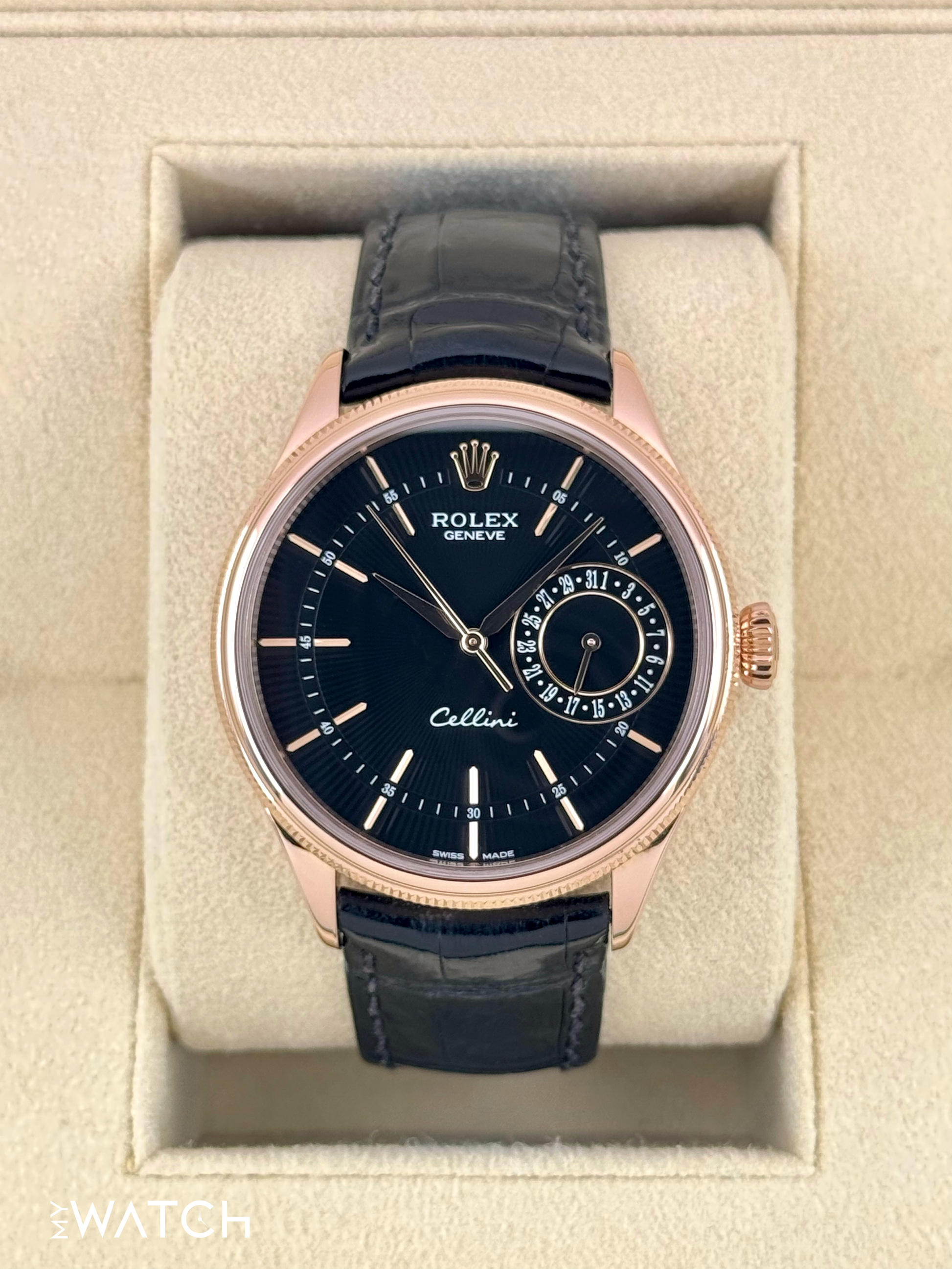 2014 Rolex Cellini Date 39mm 50515 Rose Gold Black Guilloche Dial - MyWatchLLC