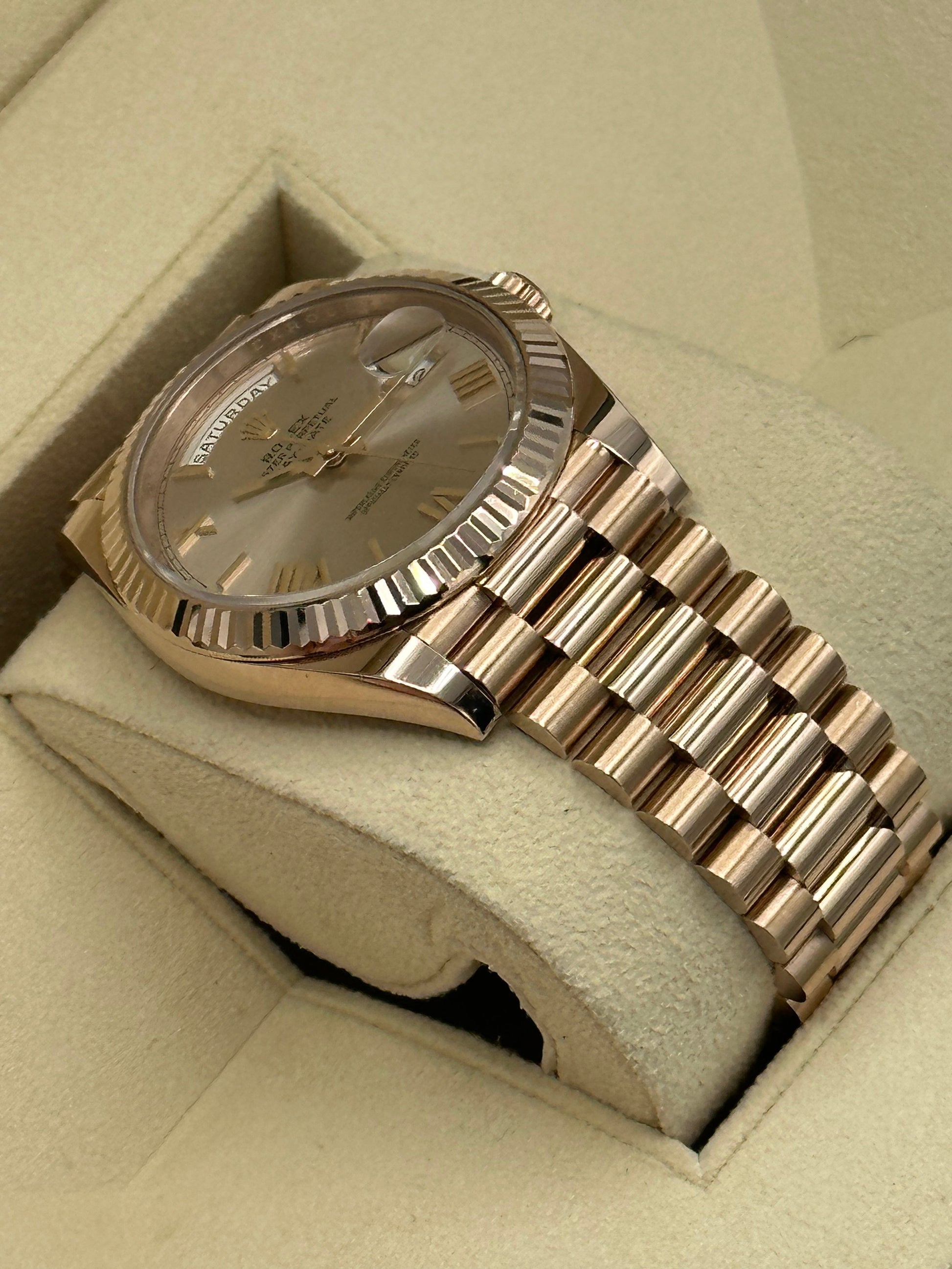2021 Rolex Day-Date 40mm 228235 Rose Gold Sundust Roman Numeral Dial - MyWatchLLC