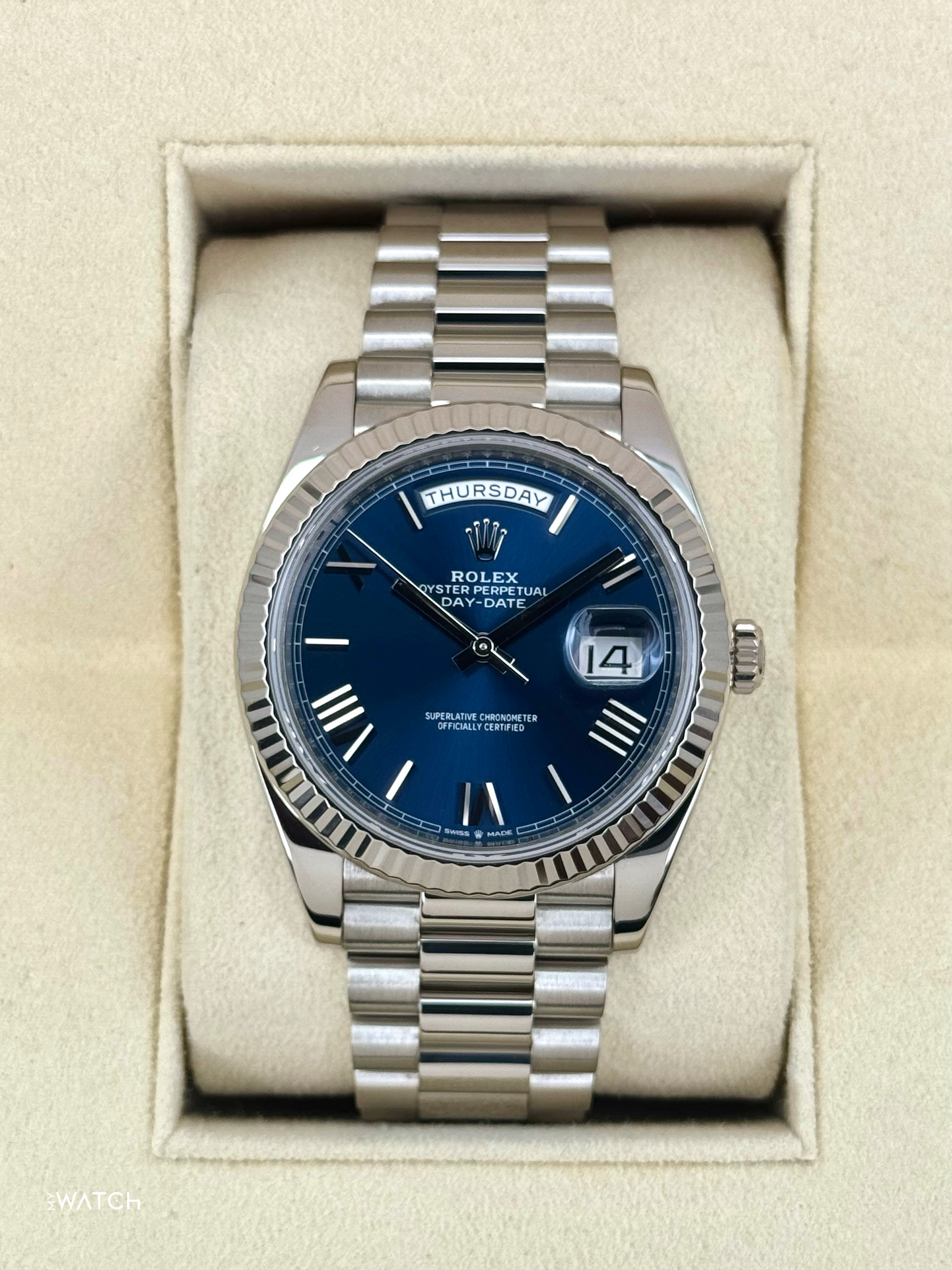 2021 Rolex Day-Date 40mm 228239 White Gold Blue Dial - MyWatchLLC