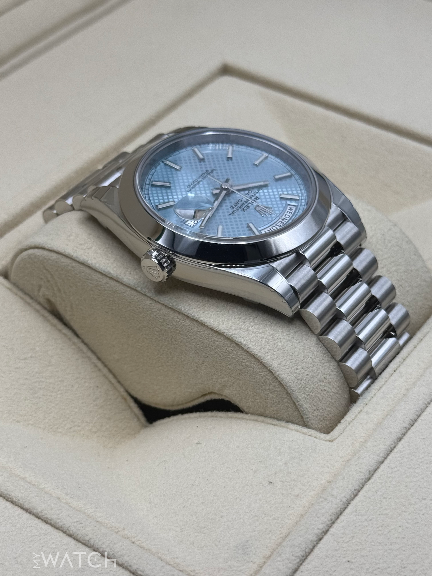 NEW 2024 Rolex Day-Date 40mm 228206 Platinum Blue Motif Dial - MyWatchLLC