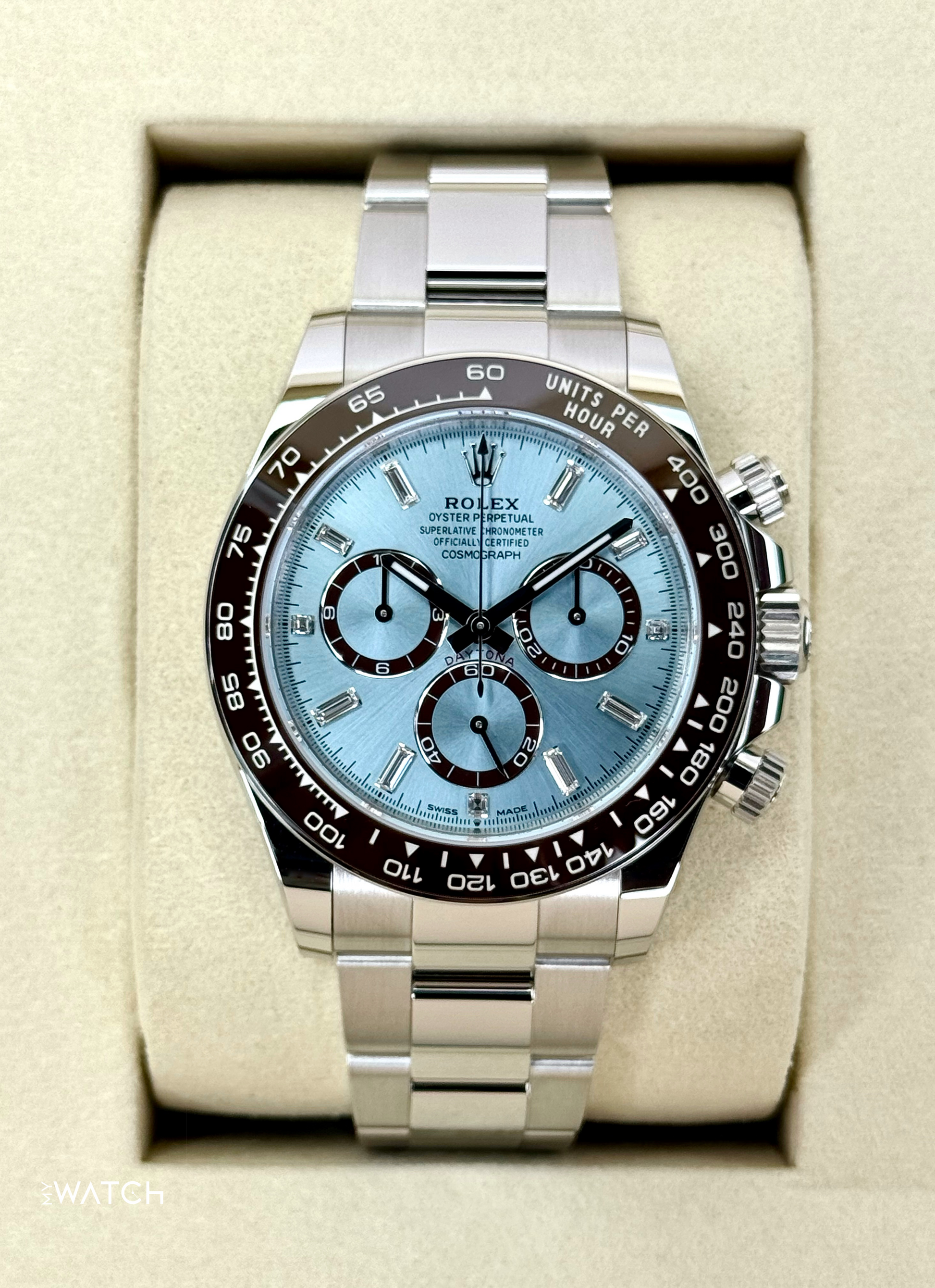 NEW 2025 Rolex Daytona 40mm 126506 Platinum Ice Blue Diamond Baguette Dial - MyWatchLLC