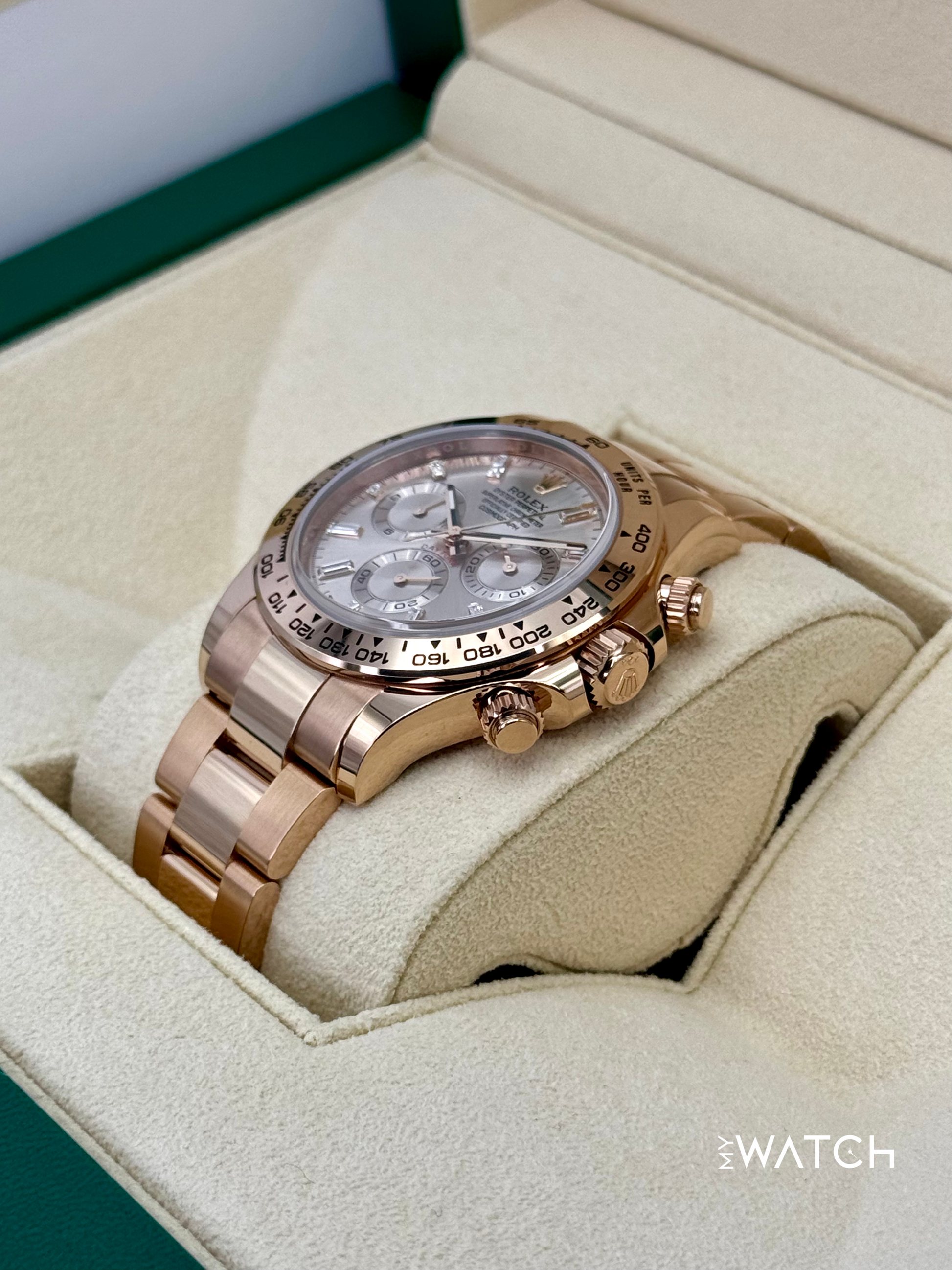 2022 Rolex Daytona 40mm 116505 Rose Gold Sundust Diamond Baguette Dial - MyWatchLLC