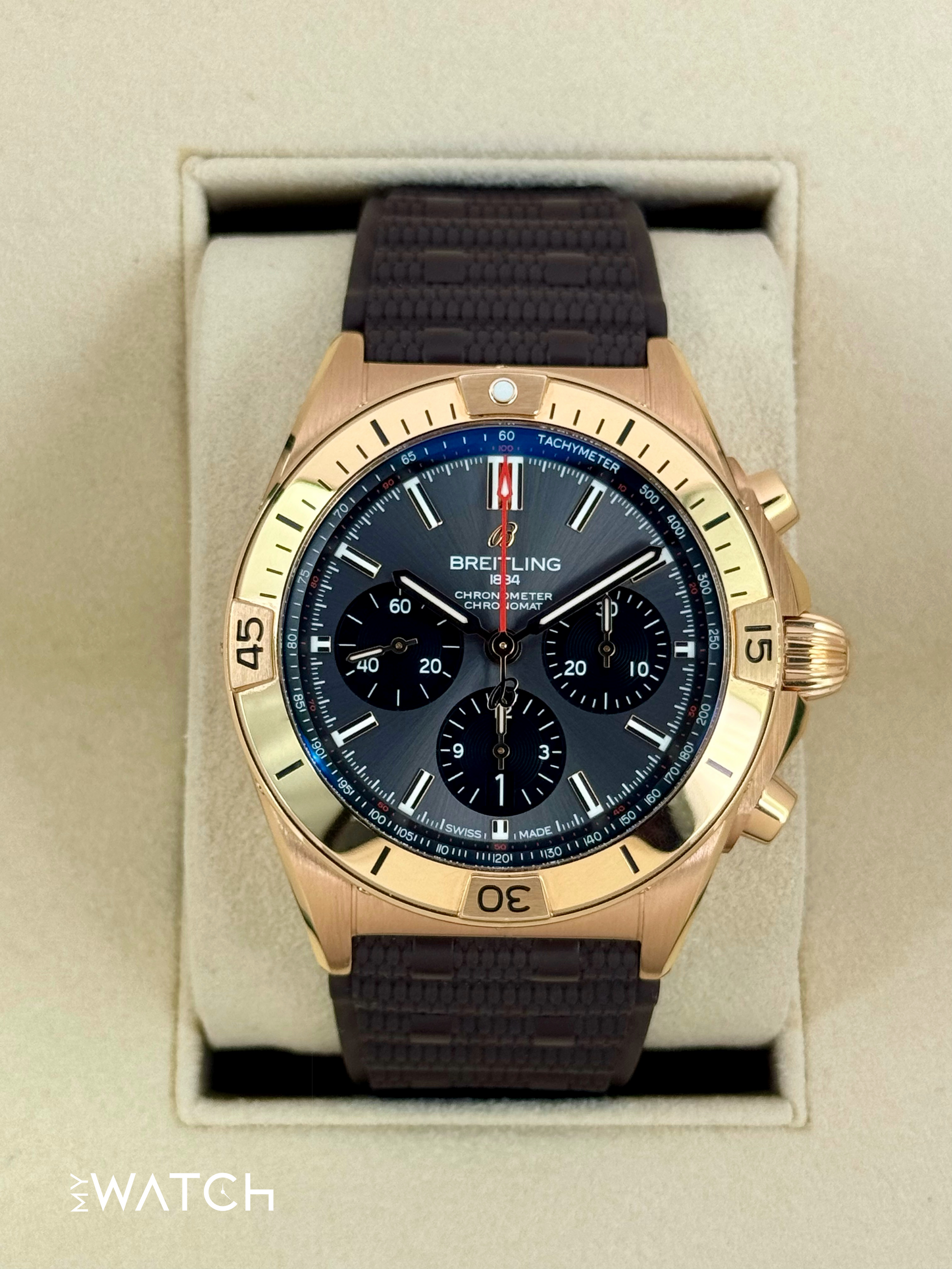 2023 Breitling Chronomat B01 42mm RB0134 Red Gold Grey Dial - MyWatchLLC