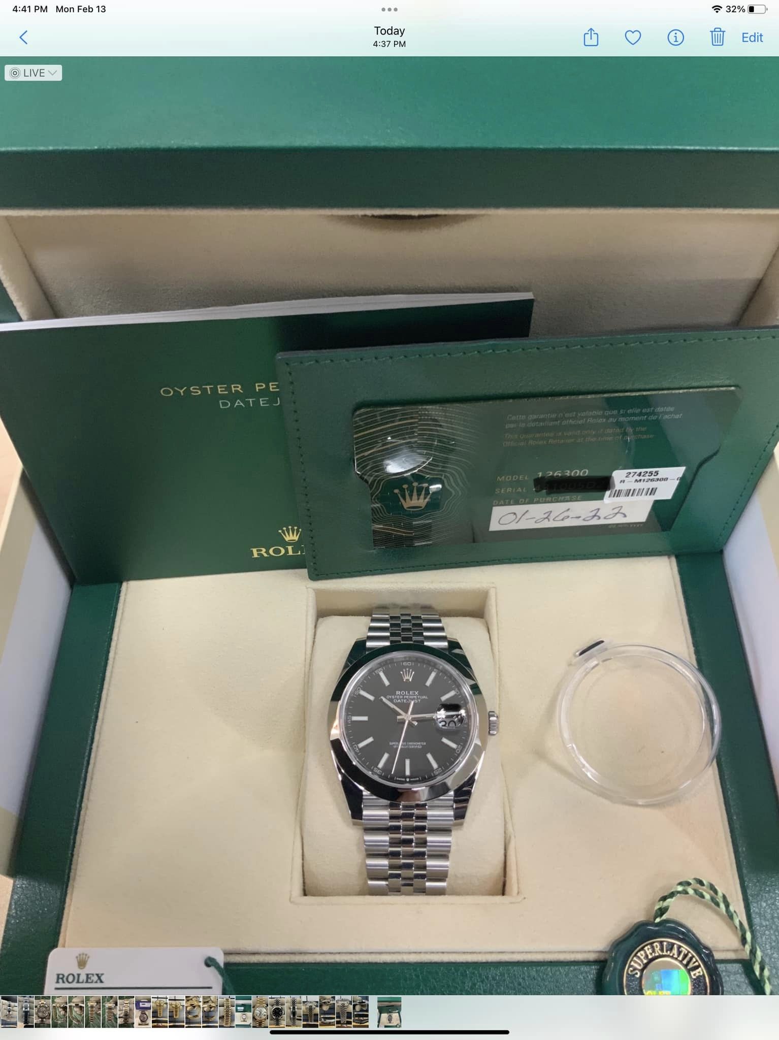 NEW 2022 Rolex Datejust 41mm 126300 SS Black Stick Dial Jubilee - MyWatchLLC