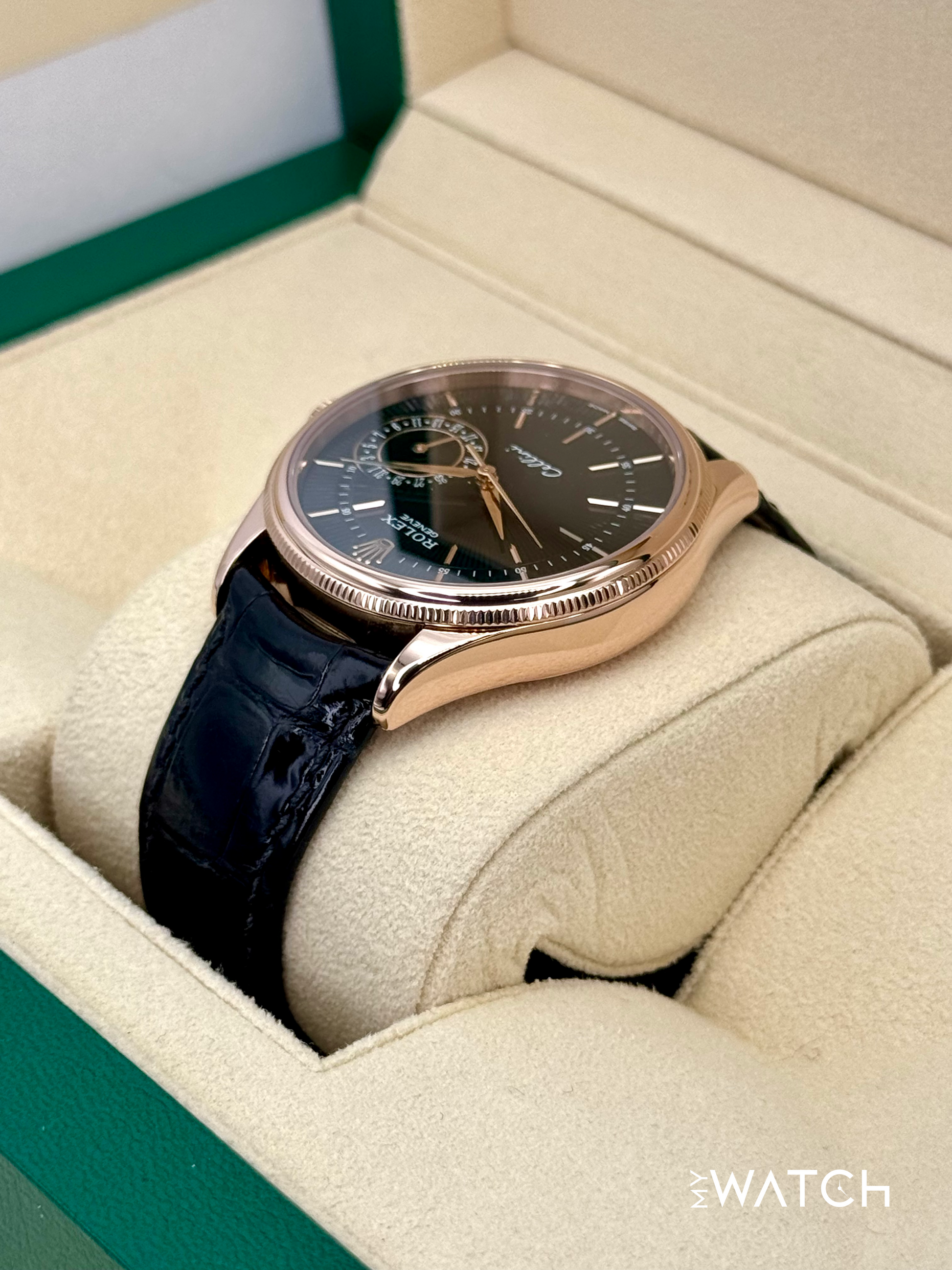2014 Rolex Cellini Date 39mm 50515 Rose Gold Black Guilloche Dial - MyWatchLLC