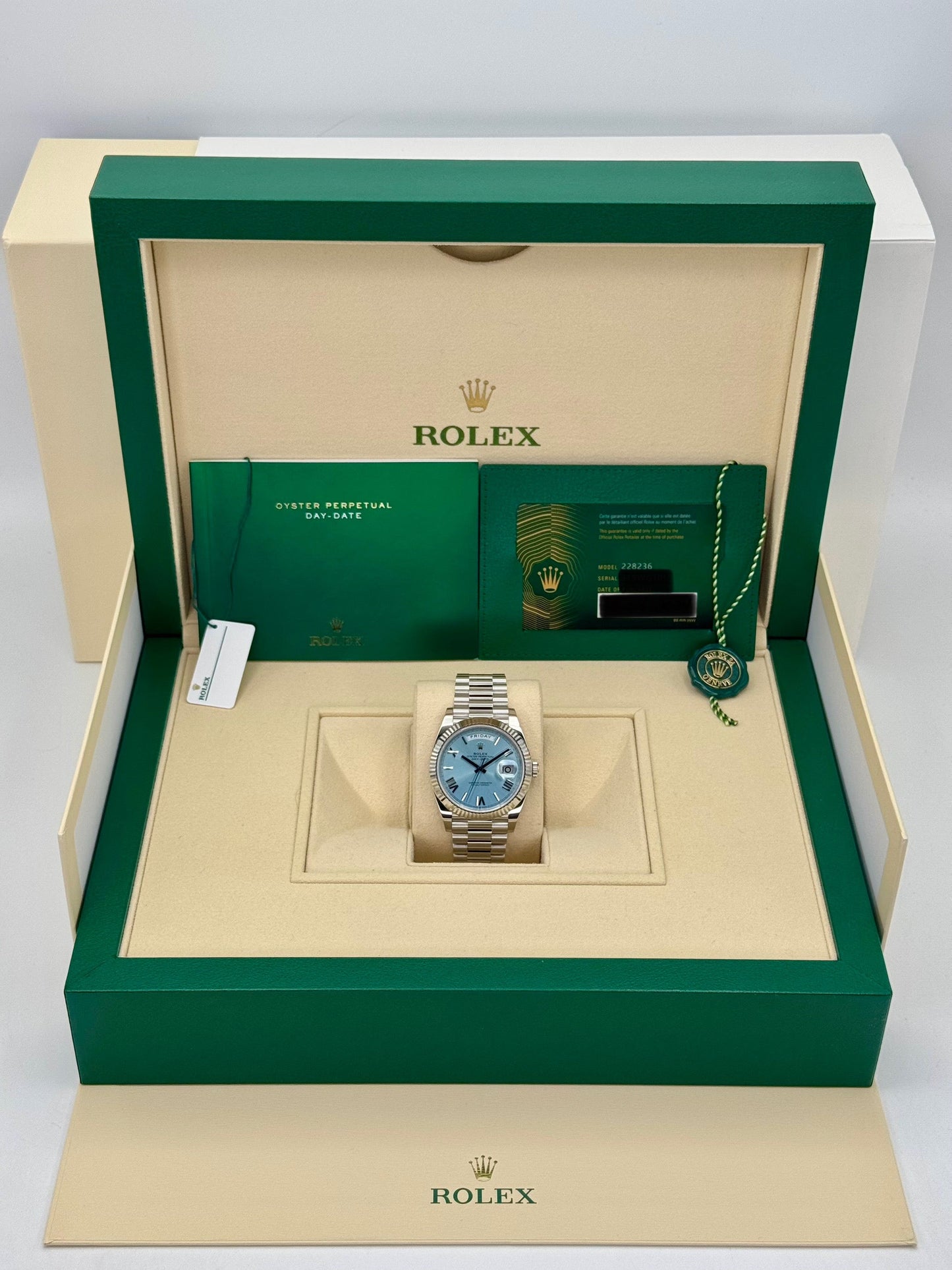NEW 2024 Rolex Day-Date Platinum 40mm 228236 Ice-Blue Roman Dial - MyWatchLLC
