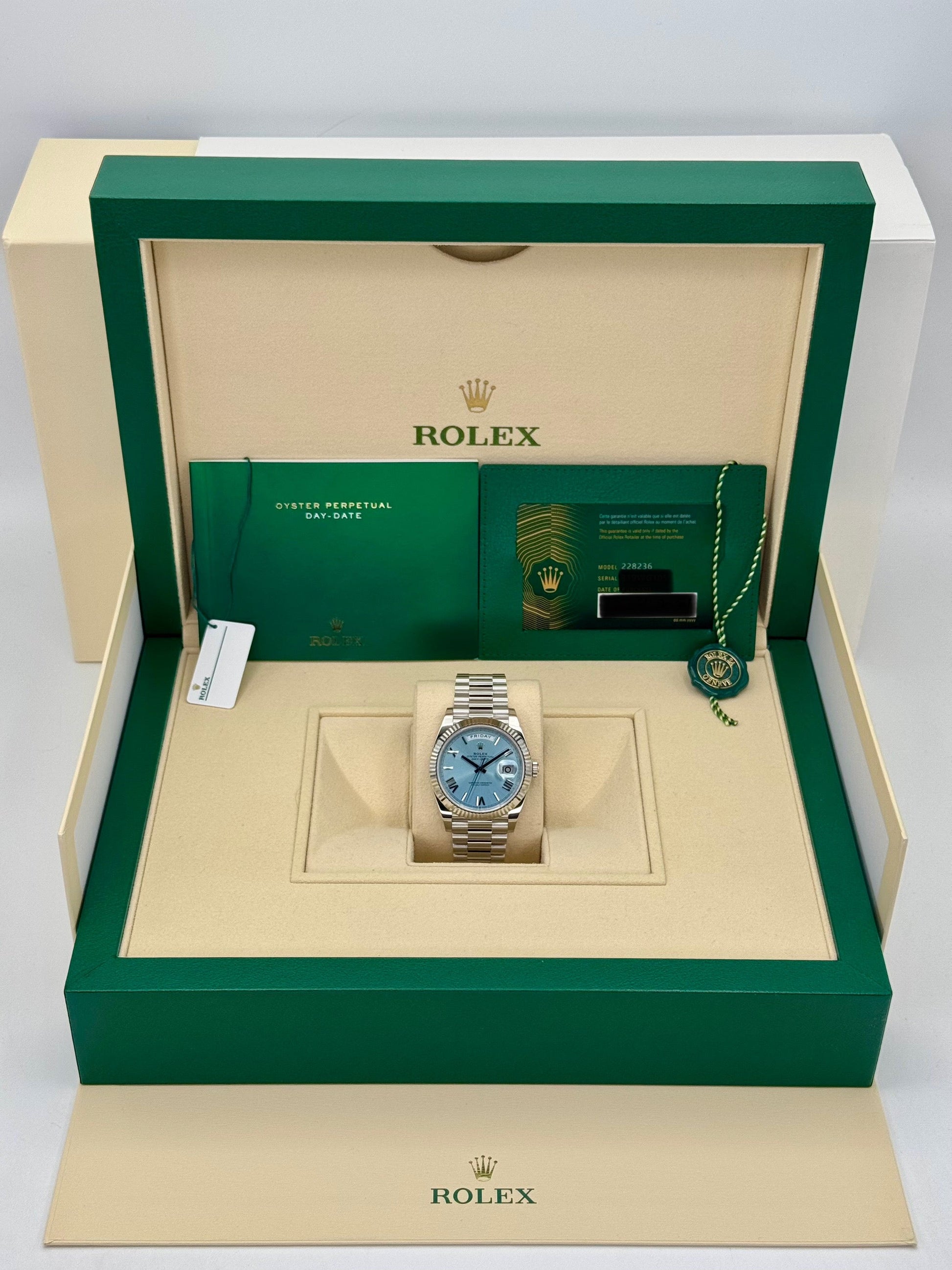 NEW 2024 Rolex Day-Date Platinum 40mm 228236 Ice-Blue Roman Dial - MyWatchLLC