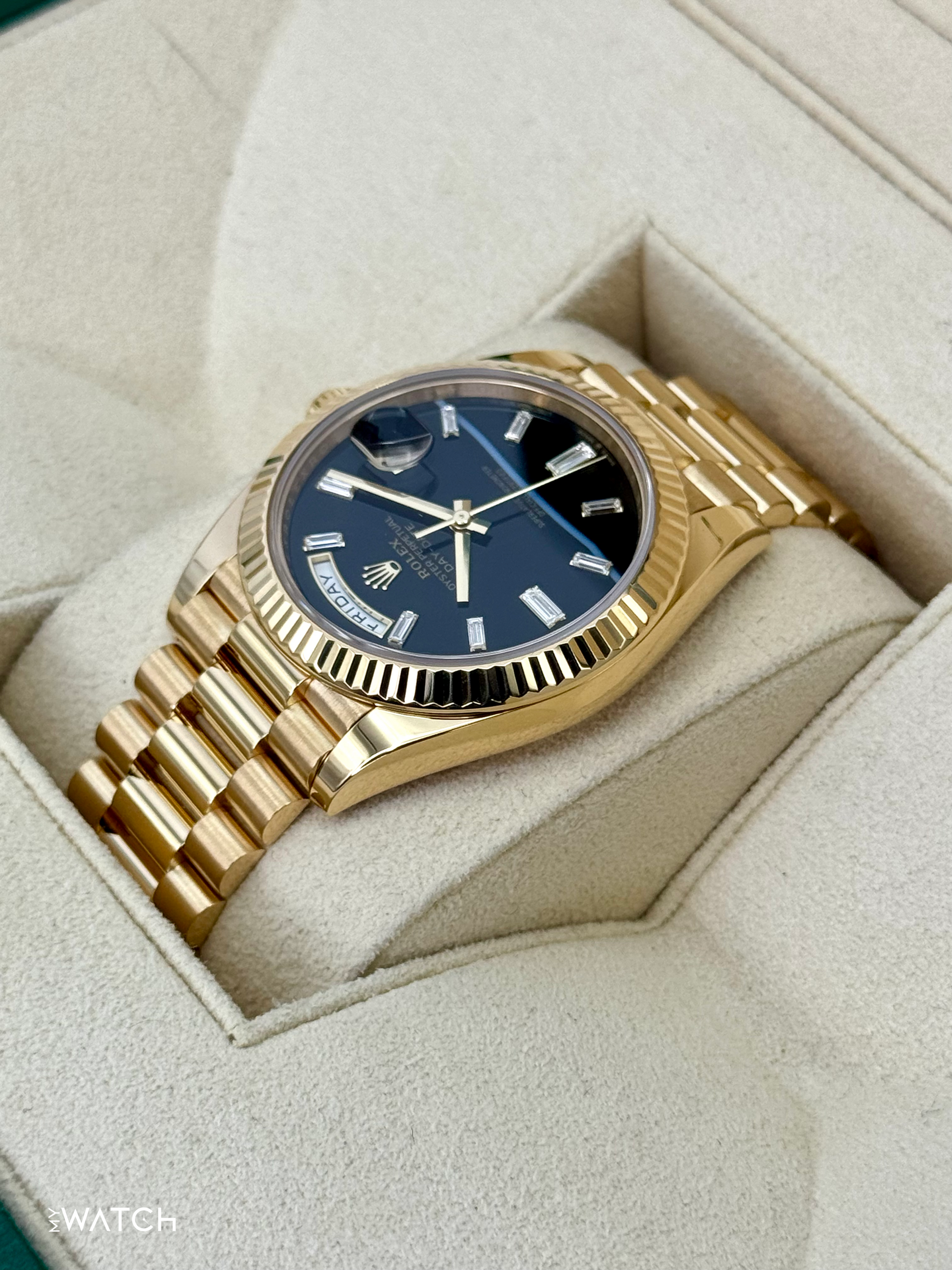 2024 Rolex Day-Date 40mm 228238 Yellow Gold Black Onyx Diamond Dial - MyWatchLLC