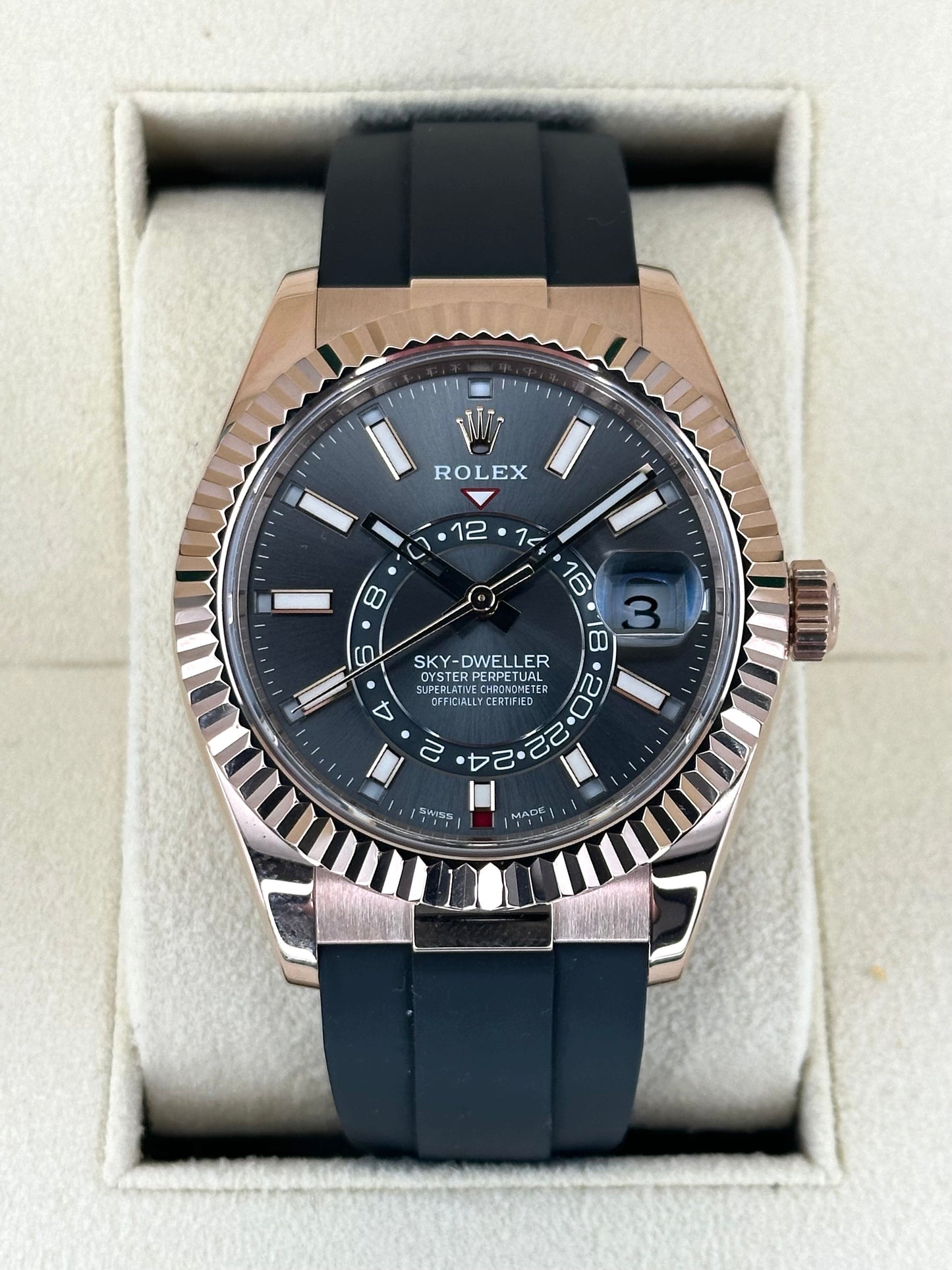 2022 Rolex Sky-Dweller 42mm 326235 Rose Gold Oysterflex Rhodium Dial - MyWatchLLC