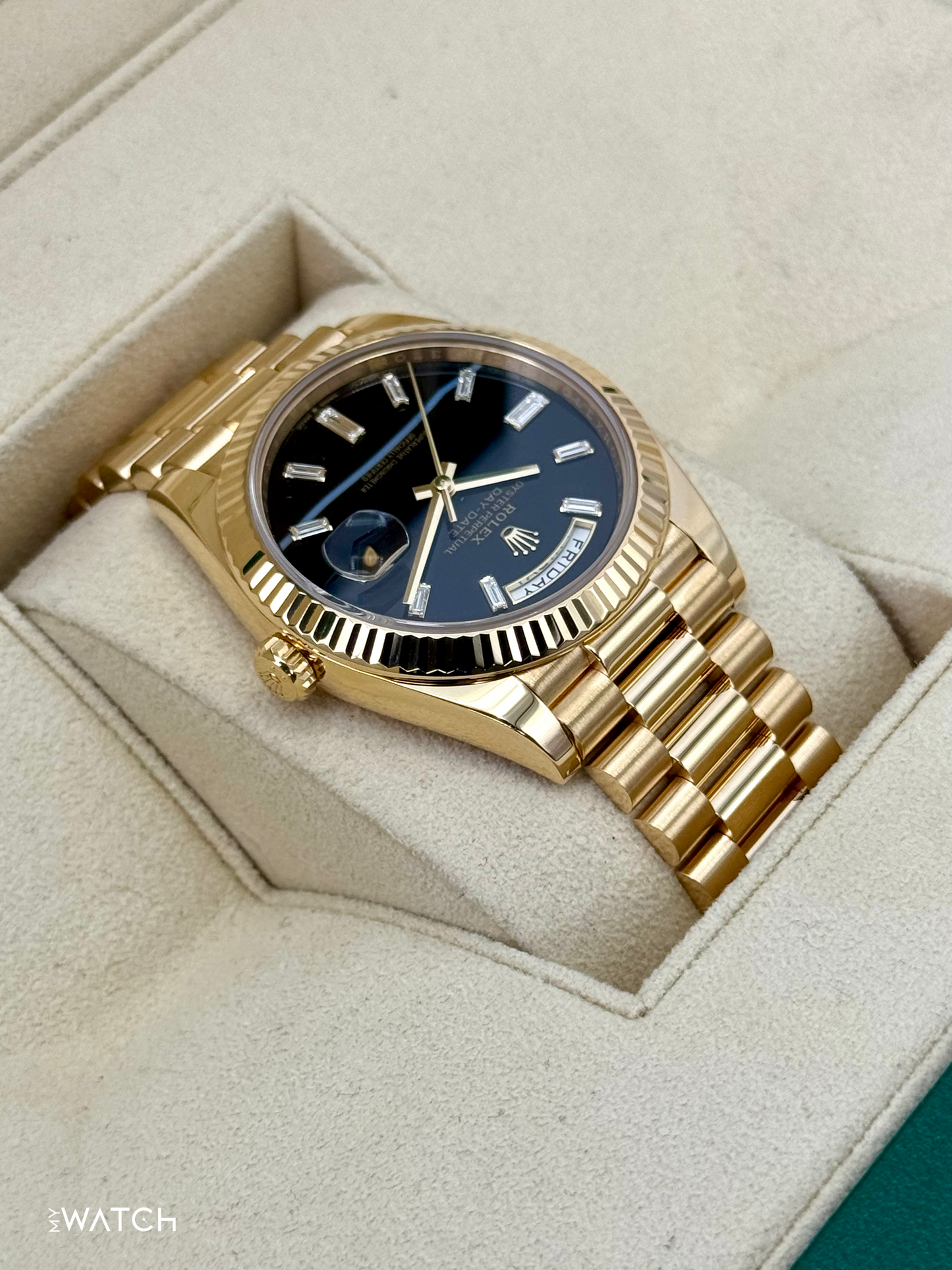 2024 Rolex Day-Date 40mm 228238 Yellow Gold Black Onyx Diamond Dial - MyWatchLLC