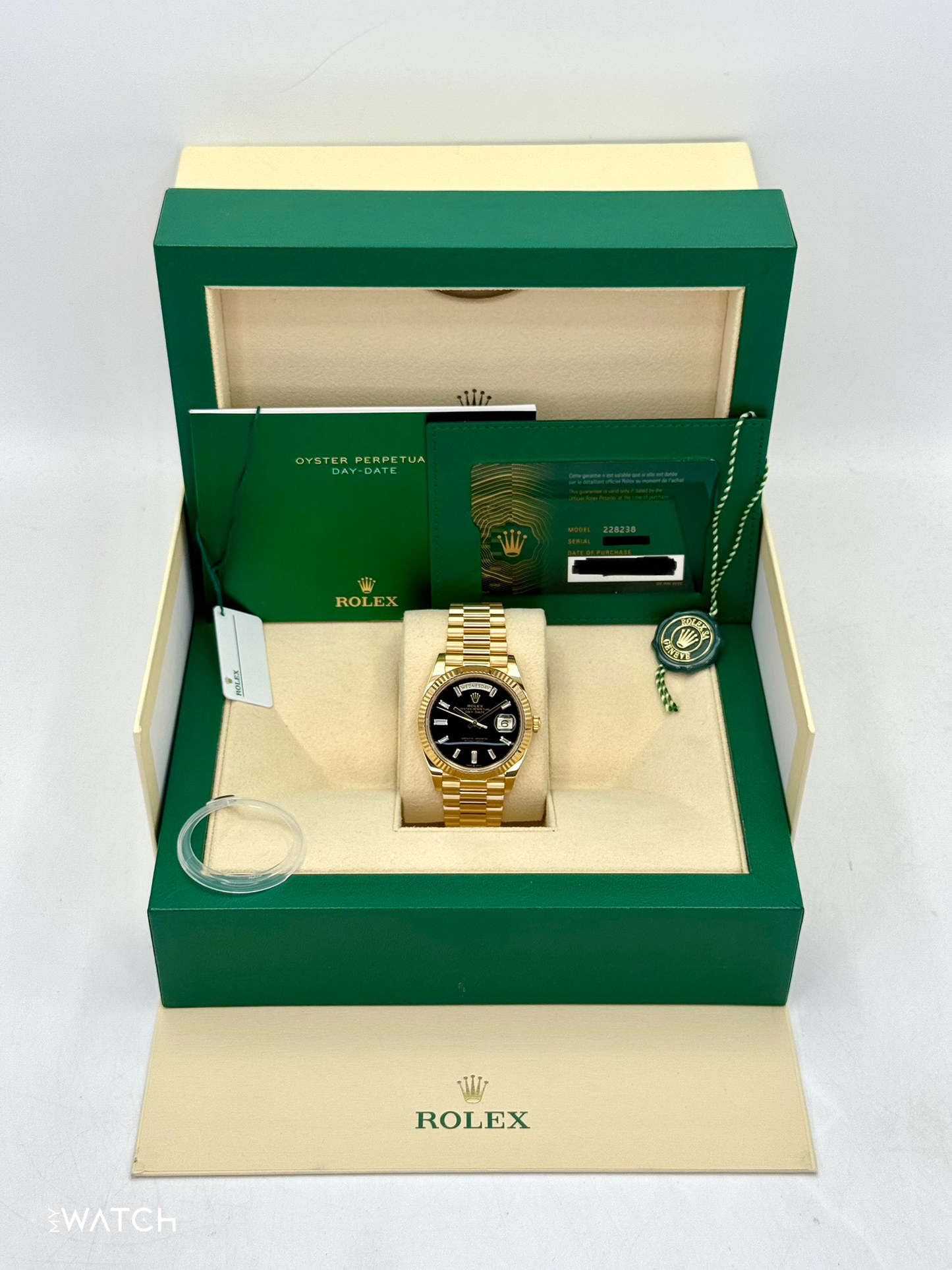 2024 Rolex Day-Date 40mm 228238 Yellow Gold Black Onyx Diamond Dial - MyWatchLLC