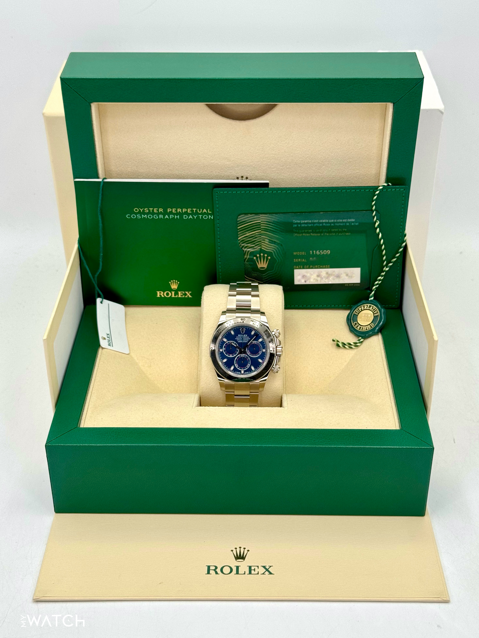 2021 Rolex Daytona 40mm 116509 White Gold Blue Dial - MyWatchLLC