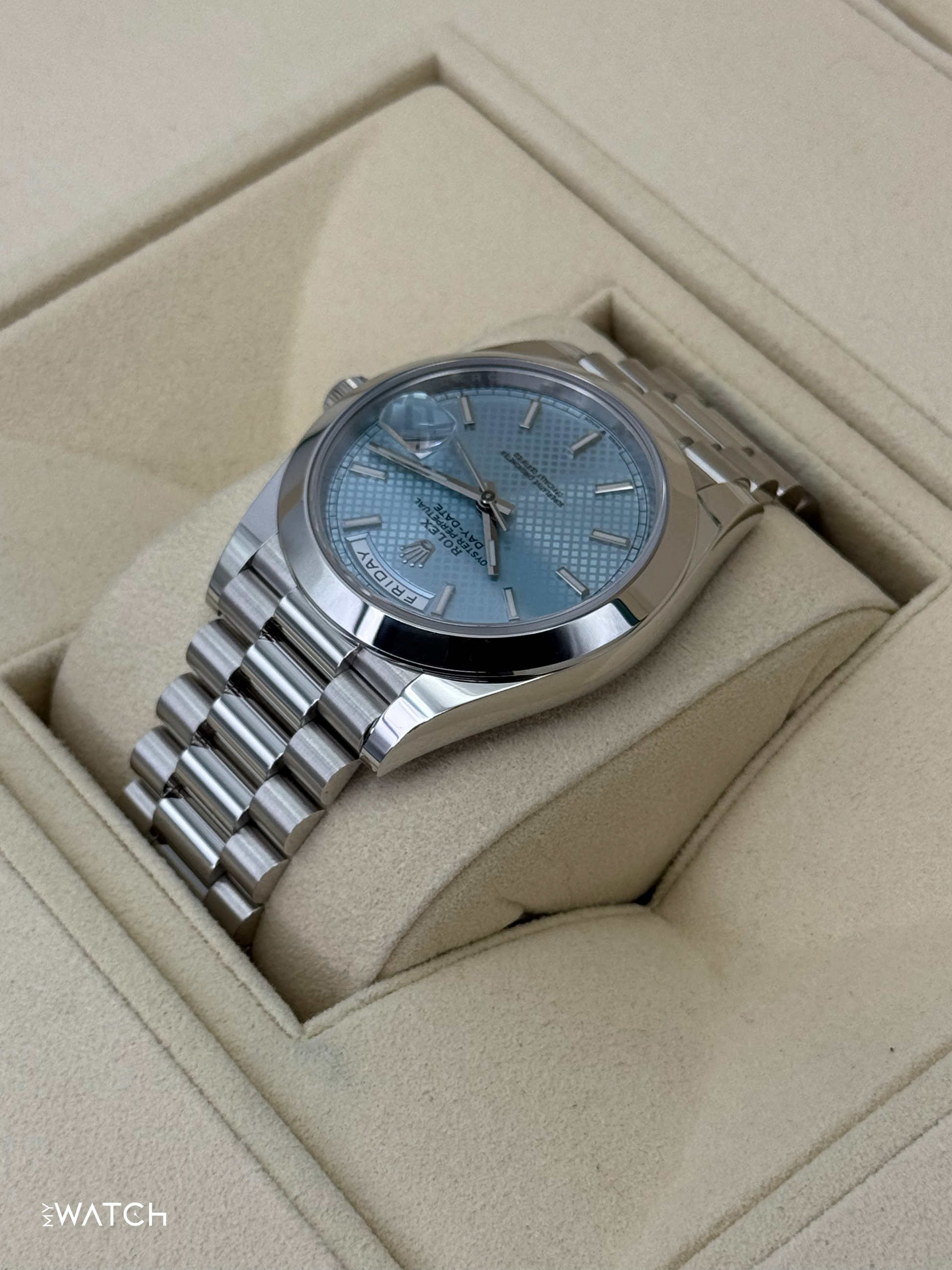 2024 Rolex Day-Date 40mm 228206 Platinum Blue Motif Dial - MyWatchLLC
