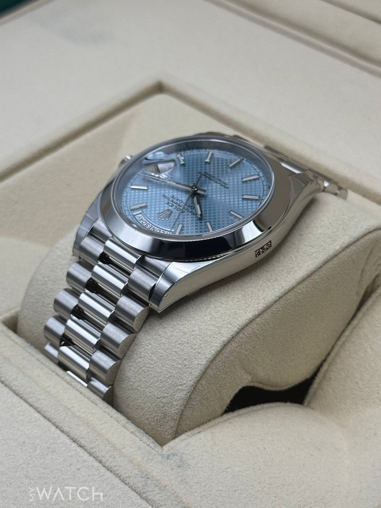 NEW 2024 Rolex Day-Date 40mm 228206 Platinum Blue Motif Dial - MyWatchLLC