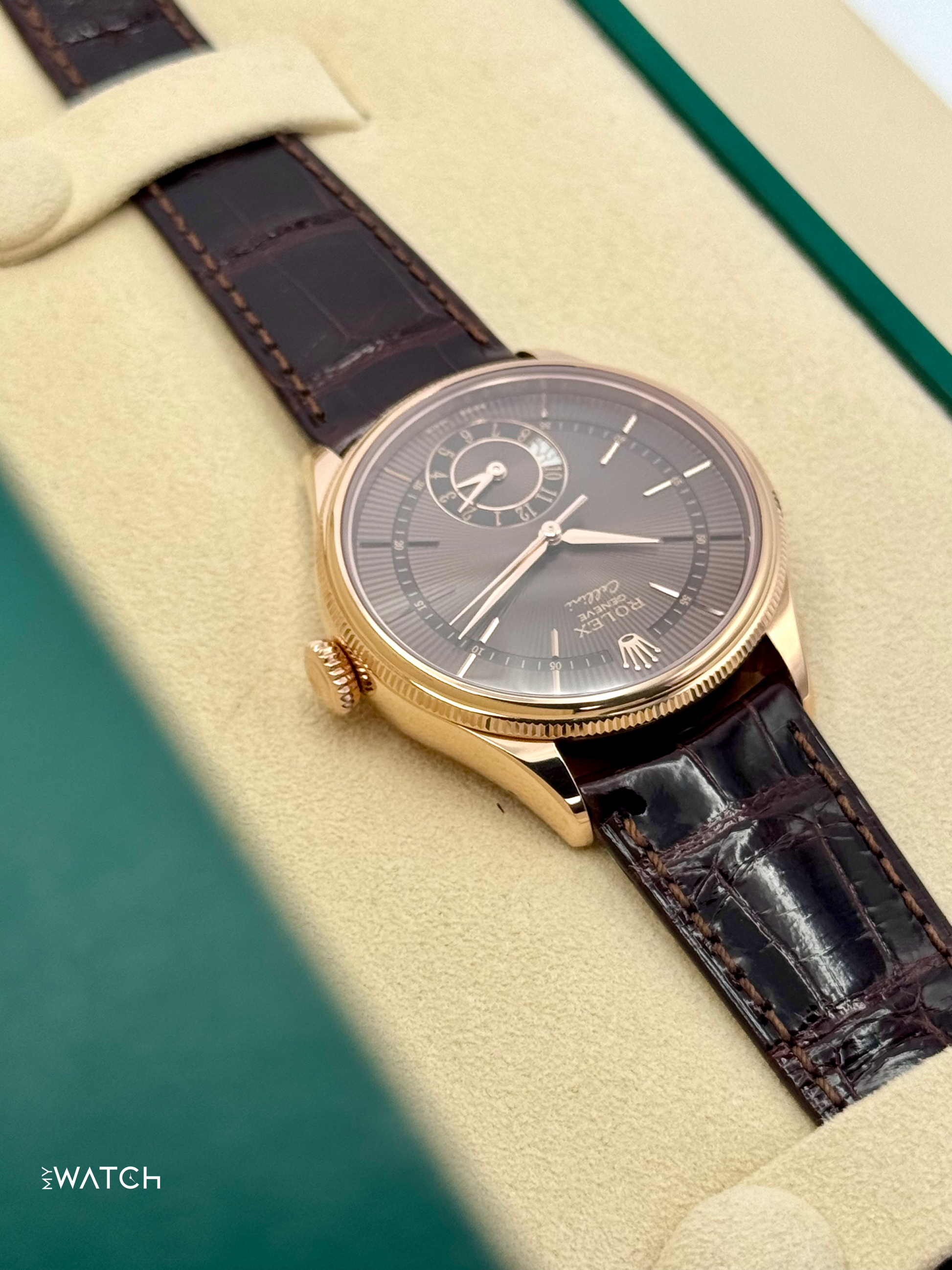 2020 Rolex Cellini Dual Time 39mm 50525 Rose Gold Brown Dial - MyWatchLLC