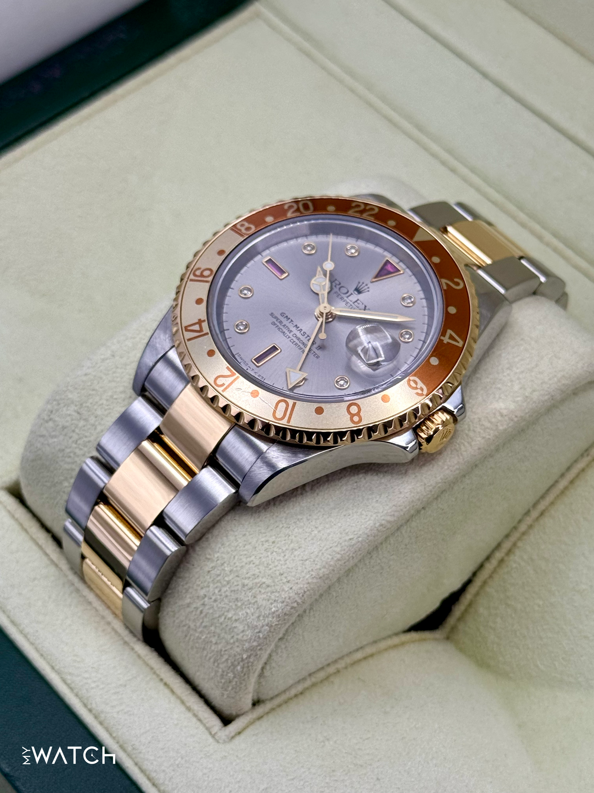 2007 Rolex GMT-Master II 40mm 16713 Slate Grey Serti Diamond Ruby Dial - MyWatchLLC