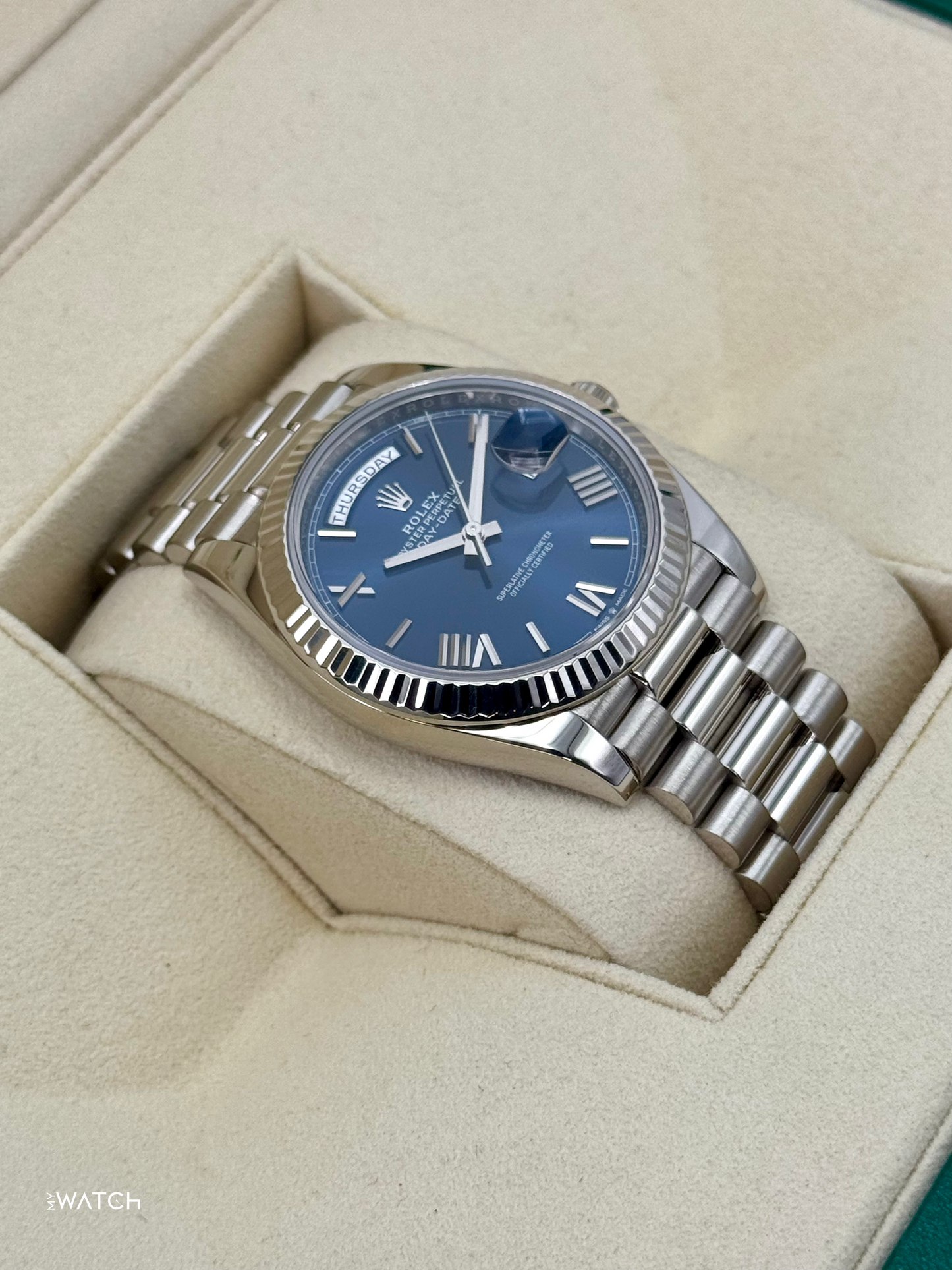 2021 Rolex Day-Date 40mm 228239 White Gold Blue Dial - MyWatchLLC