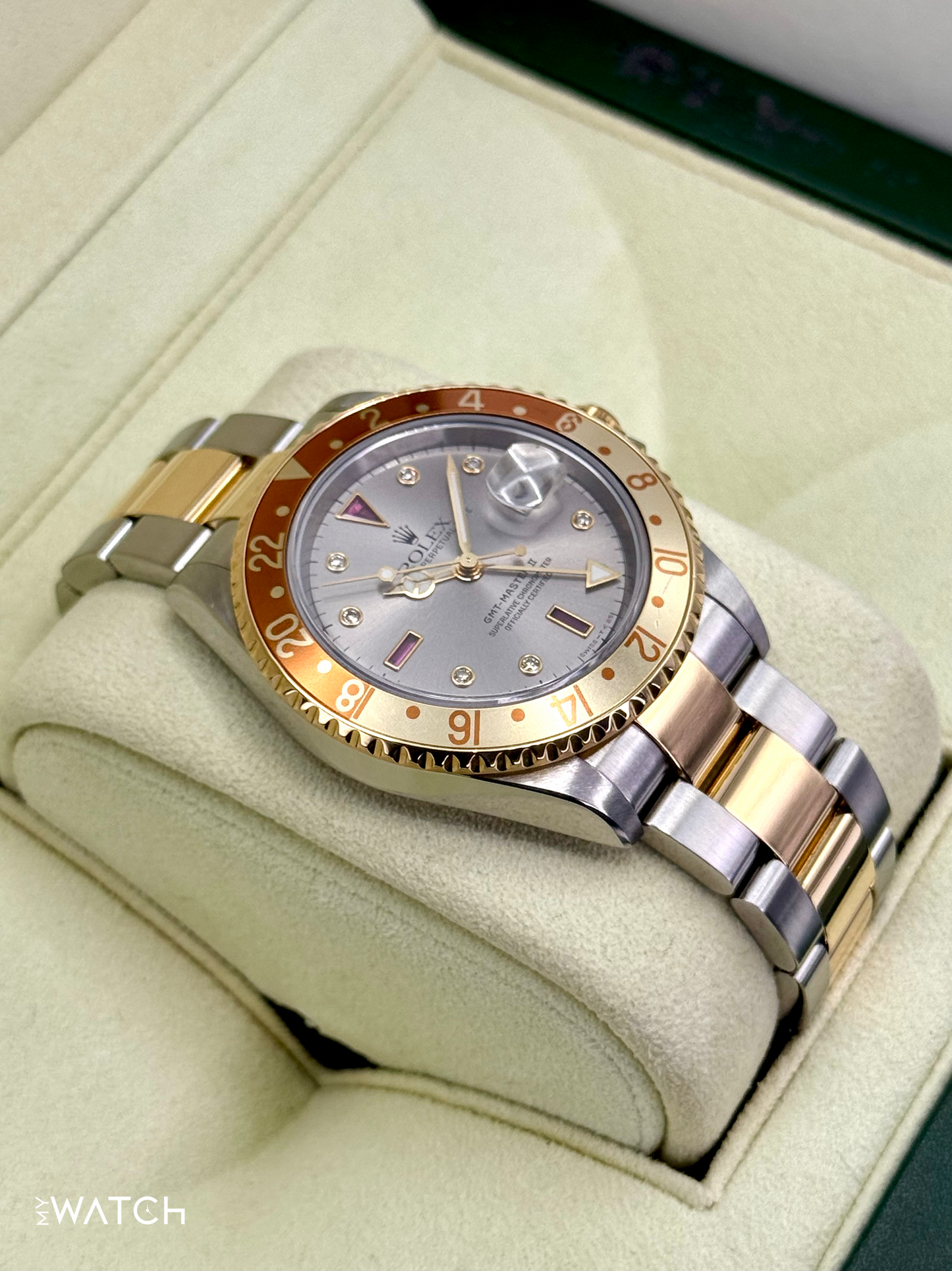 2007 Rolex GMT-Master II 40mm 16713 Slate Grey Serti Diamond Ruby Dial - MyWatchLLC