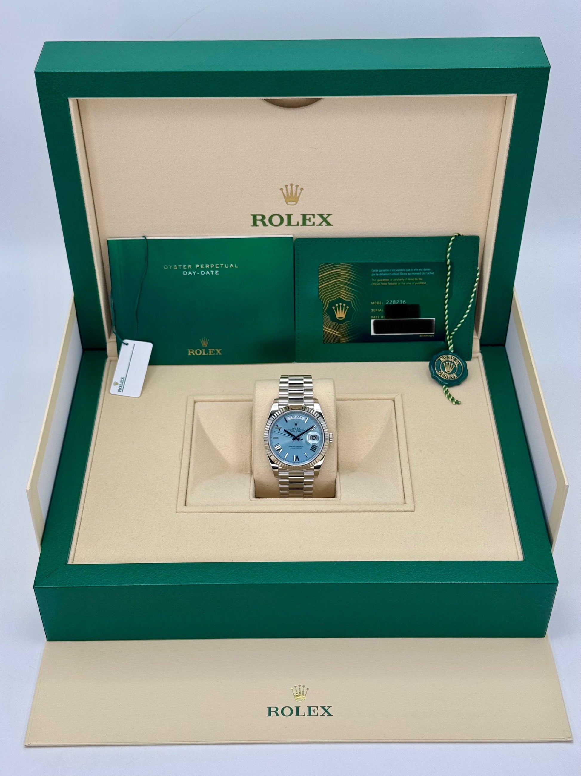 NEW 2024 Rolex Day-Date Platinum 40mm 228236 Ice-Blue Roman Dial - MyWatchLLC