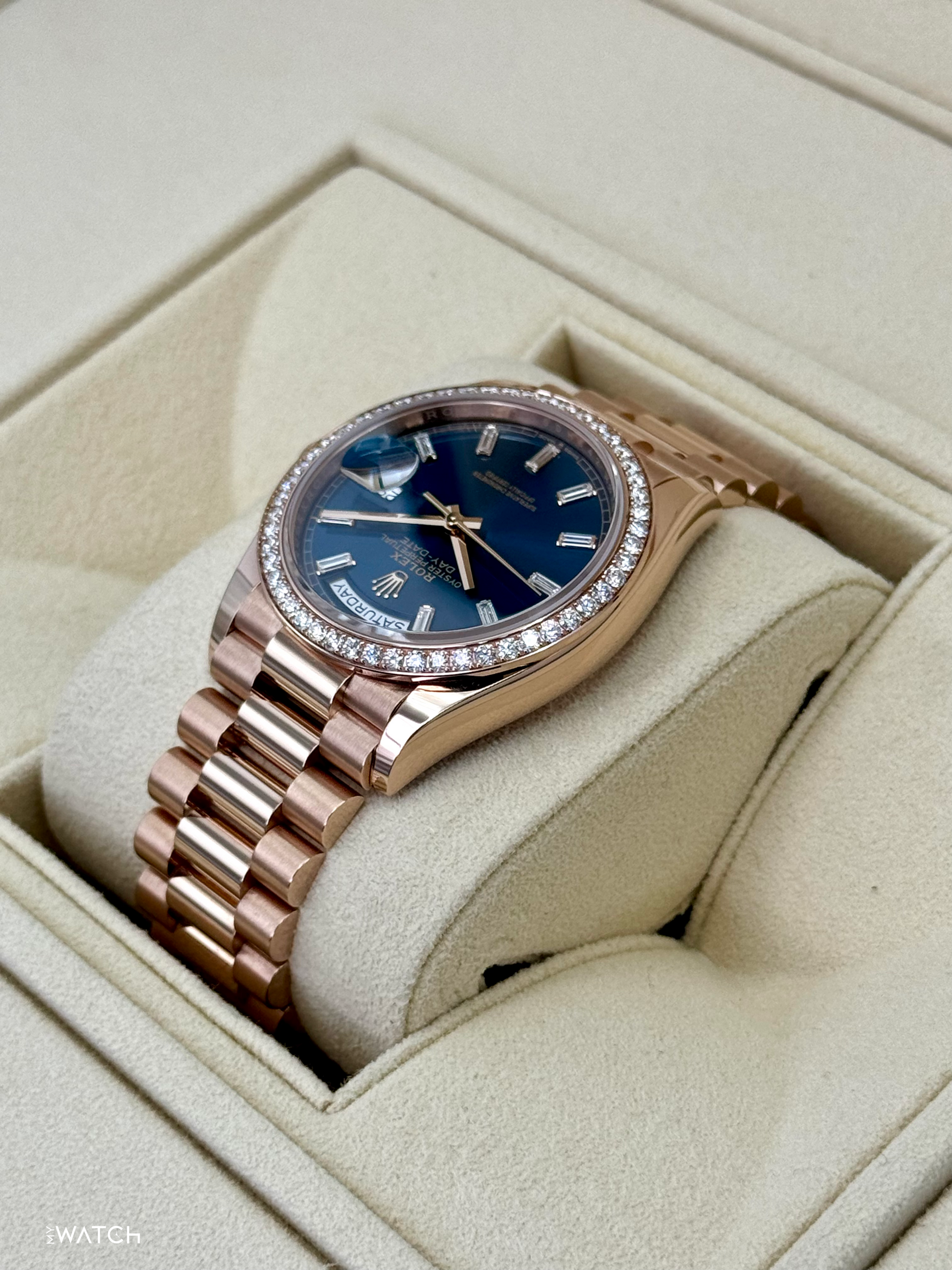 NEW 2025 Rolex Day-Date 36mm 128345RBR Rose Gold Blue Baguette Dial - MyWatchLLC