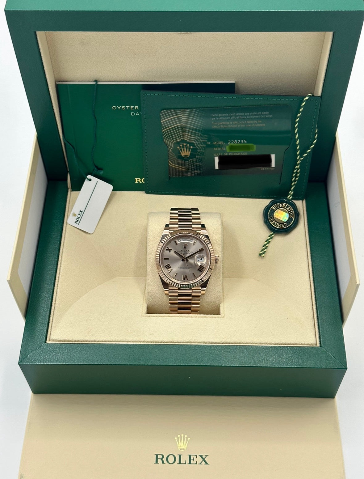 NEW 2023 Rolex Day-Date 40mm 228235 Rose Gold Sundust Roman Numeral Dial - MyWatchLLC