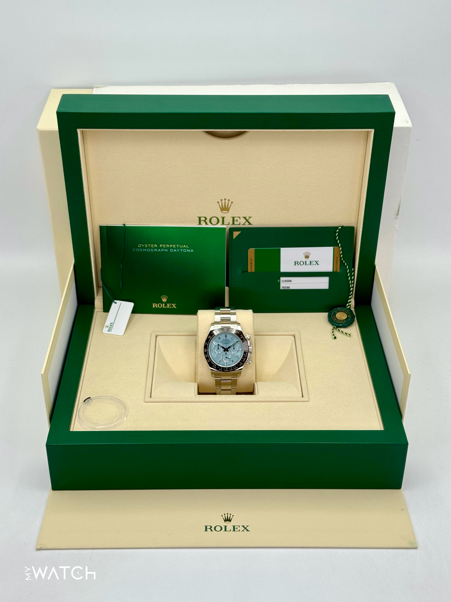 2020 Rolex Daytona 40mm 116506 Platinum Ice Blue Diamond Baguette Dial - MyWatchLLC