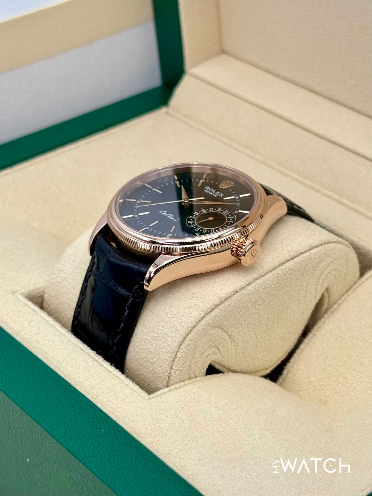 2014 Rolex Cellini Date 39mm 50515 Rose Gold Black Guilloche Dial - MyWatchLLC