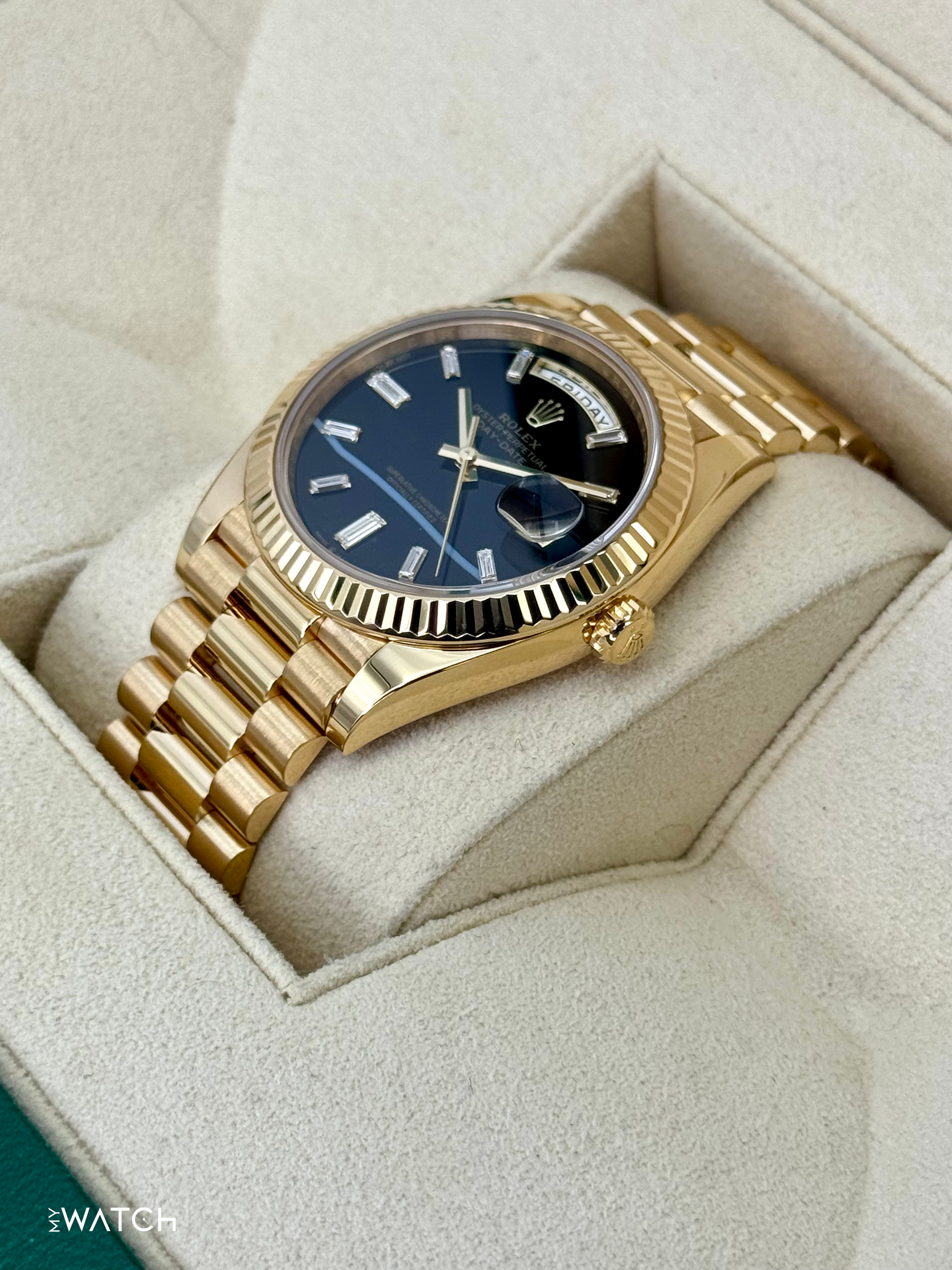 2024 Rolex Day-Date 40mm 228238 Yellow Gold Black Onyx Diamond Dial - MyWatchLLC