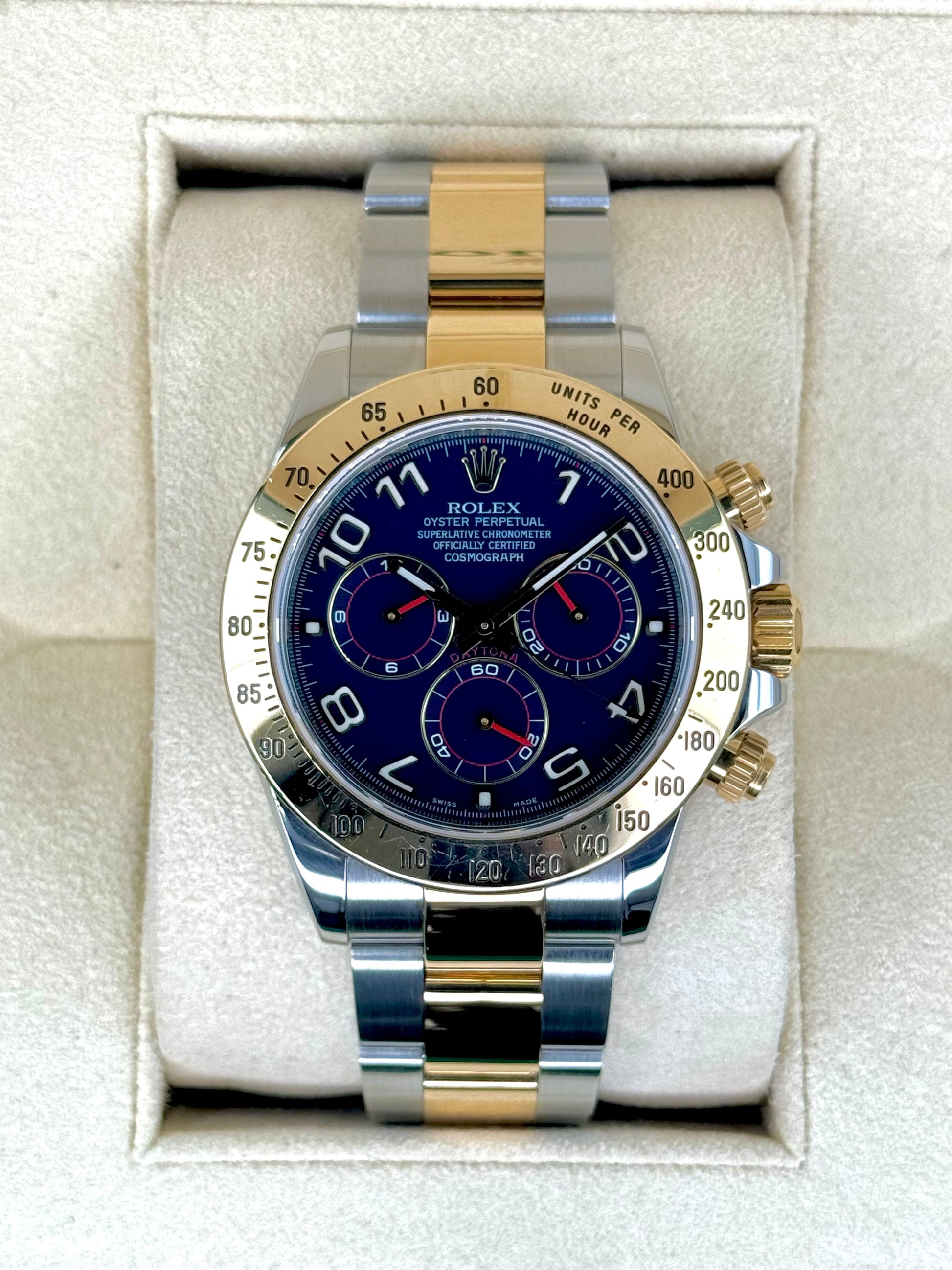 Rolex Daytona 40mm 116523 Two-Tone Blue Arabic Racing Dial - MyWatchLLC
