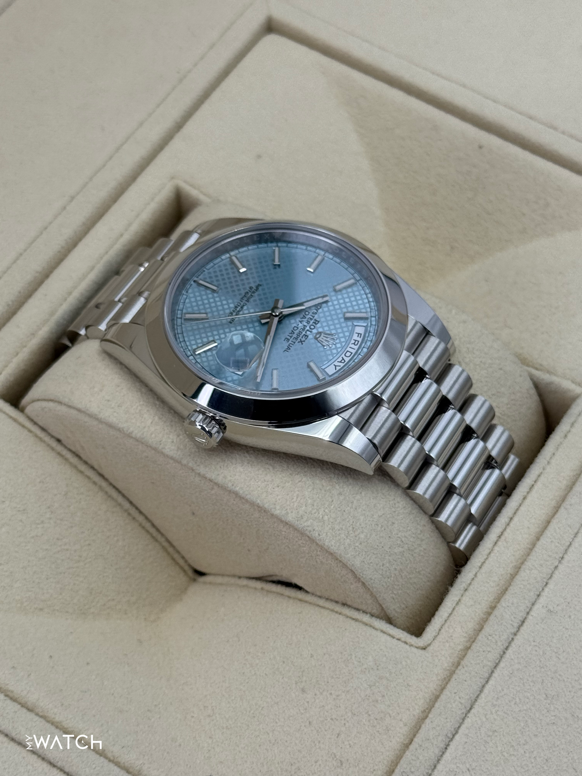 2024 Rolex Day-Date 40mm 228206 Platinum Blue Motif Dial - MyWatchLLC