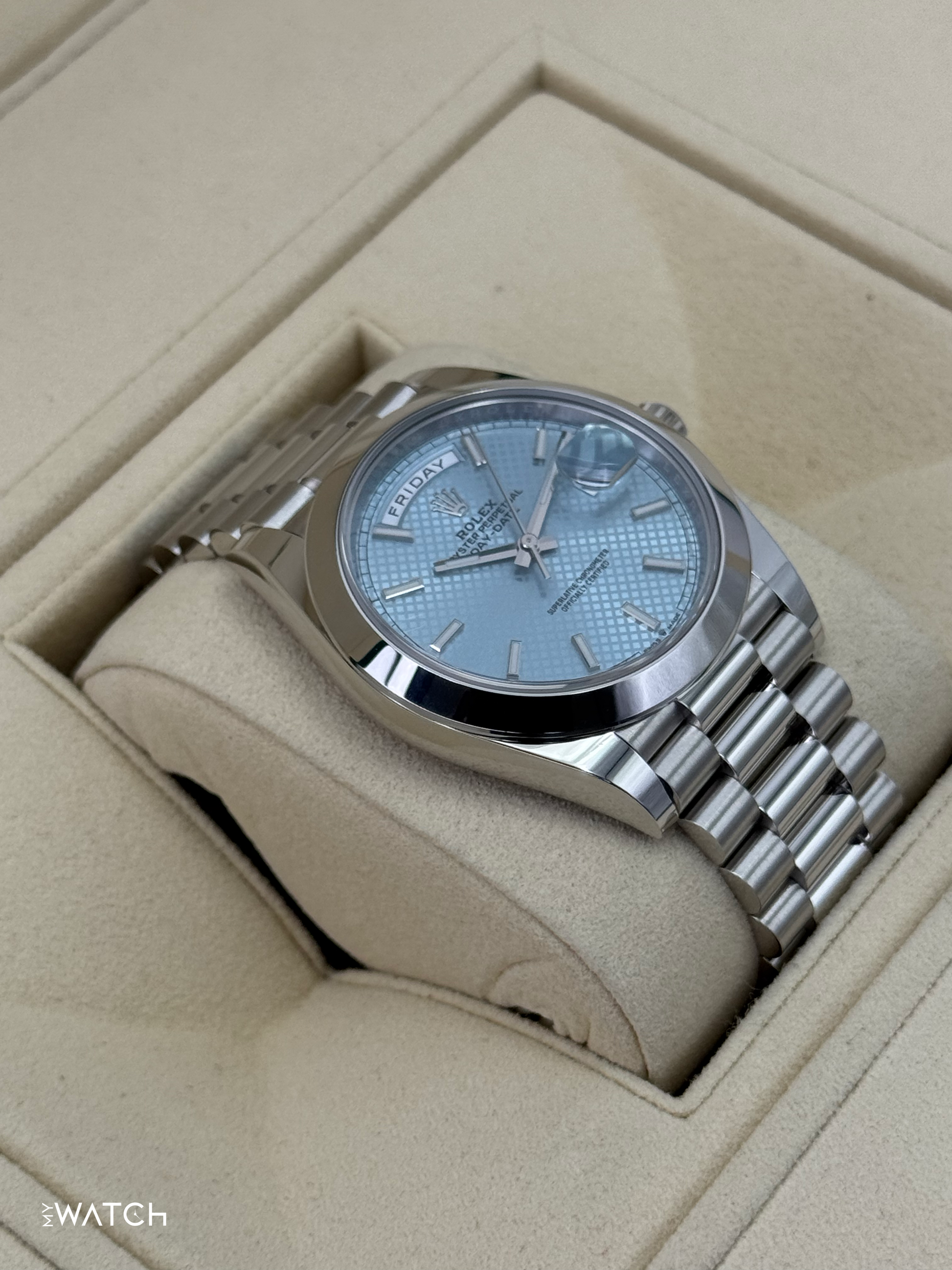 2024 Rolex Day-Date 40mm 228206 Platinum Blue Motif Dial - MyWatchLLC
