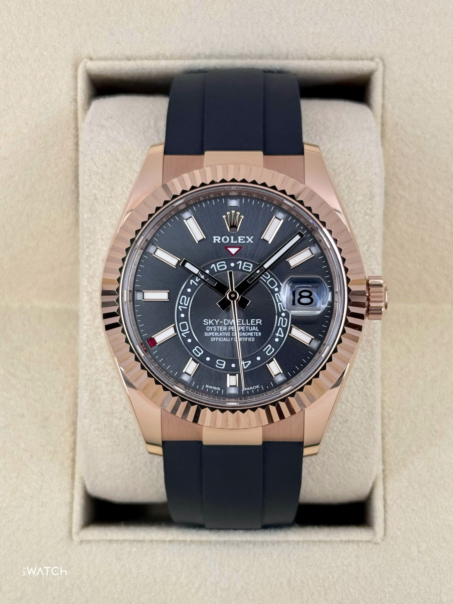 2022 Rolex Sky-Dweller 42mm 326235 Rose Gold Oysterflex Rhodium Dial - MyWatchLLC