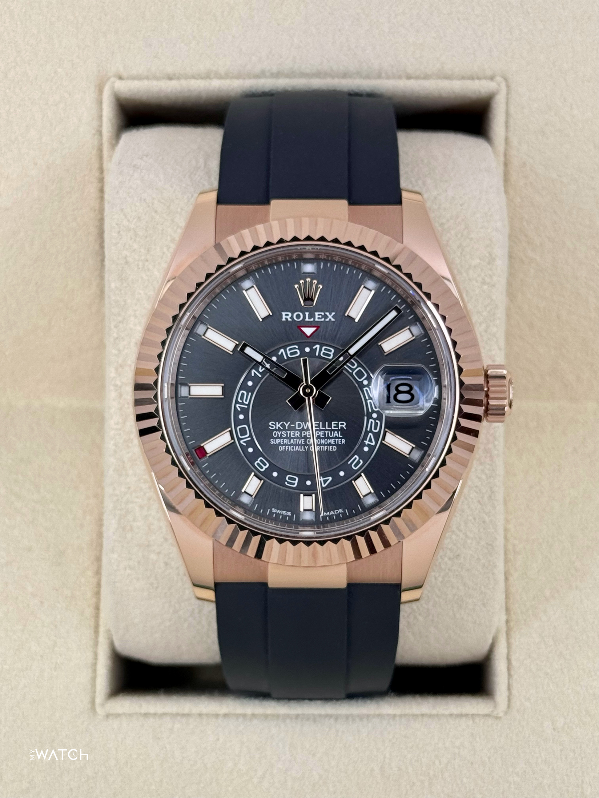 2022 Rolex Sky-Dweller 42mm 326235 Rose Gold Oysterflex Rhodium Dial - MyWatchLLC