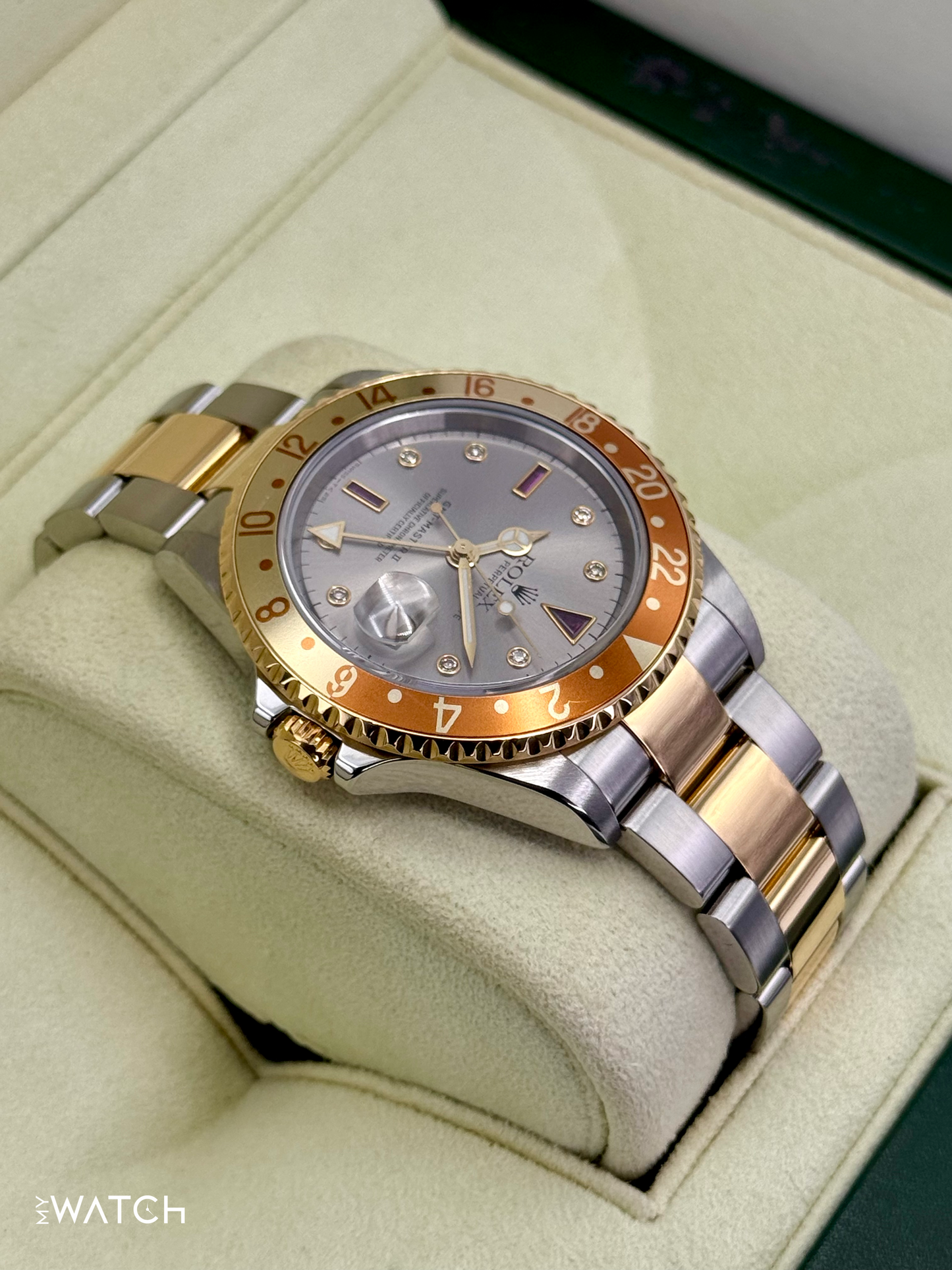 2007 Rolex GMT-Master II 40mm 16713 Slate Grey Serti Diamond Ruby Dial - MyWatchLLC