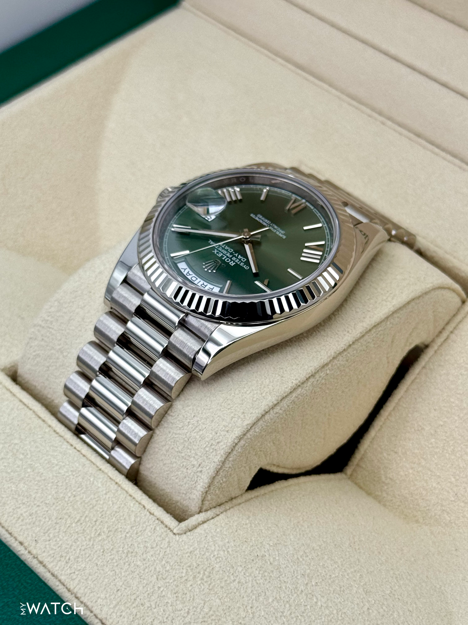 2022 Rolex Day-Date 40mm 228239 White Gold Olive Dial - MyWatchLLC