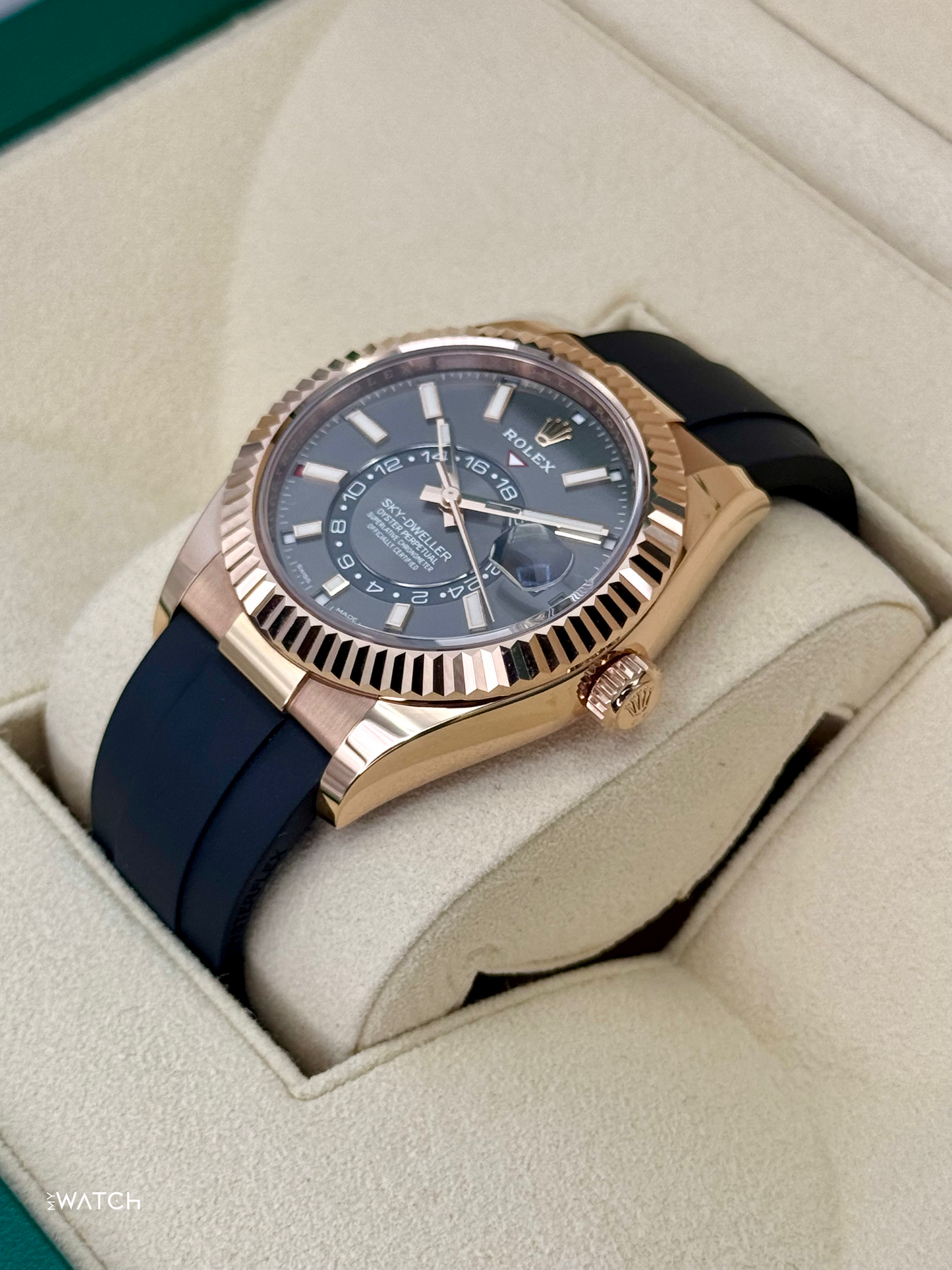 2022 Rolex Sky-Dweller 42mm 326235 Rose Gold Oysterflex Rhodium Dial - MyWatchLLC