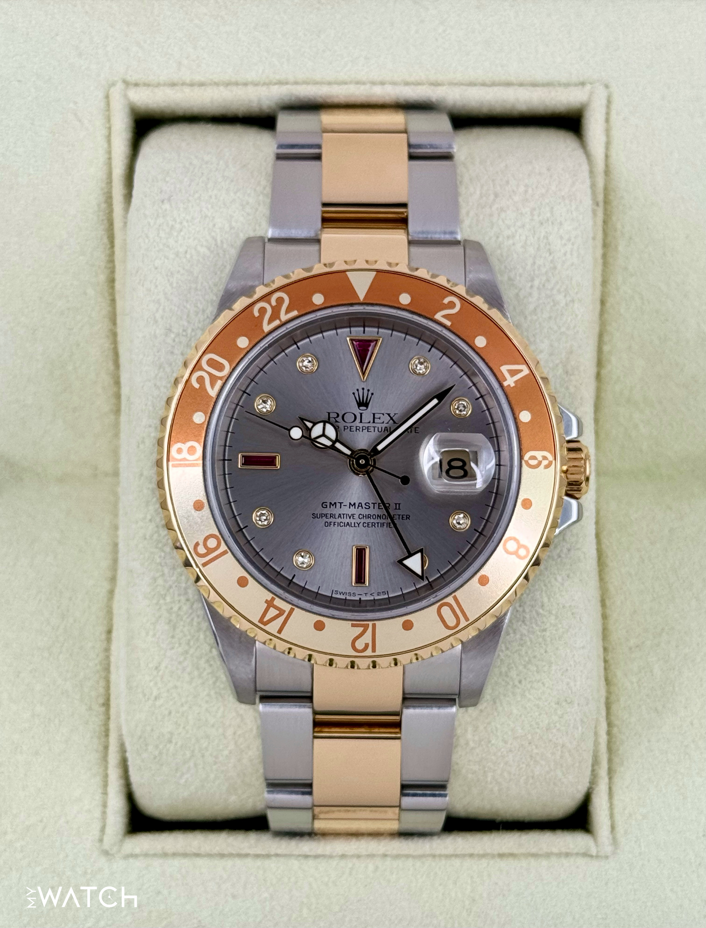 2007 Rolex GMT-Master II 40mm 16713 Slate Grey Serti Diamond Ruby Dial - MyWatchLLC